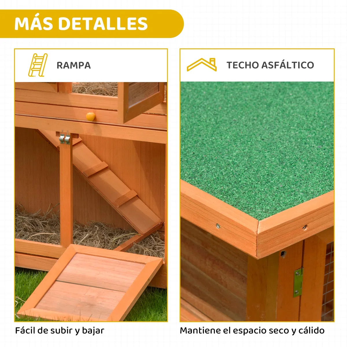 PawHut Conejera de Madera Exterior de 2 Niveles, Jaula para Conejos con Techo de Asfalto Abatible, Puertas, Rampa y 2 Bandejas Extraíbles, 120x48x100 cm, Madera Natural