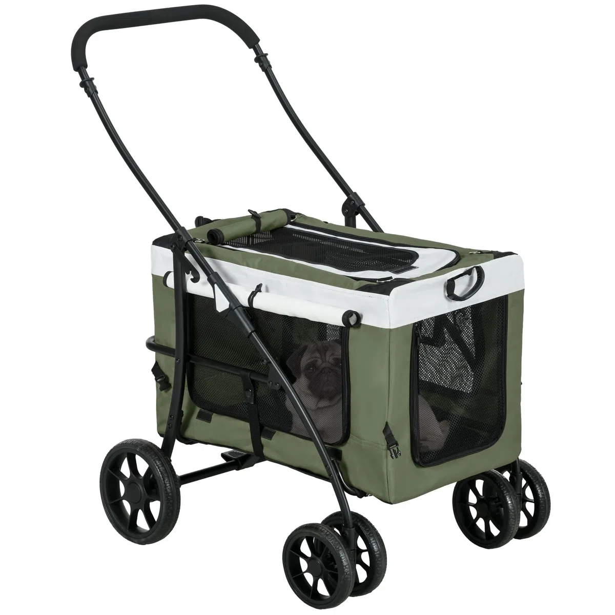 PawHut Carrito plegable para perros y gatos de hasta 10 kg, con cojín, ventanas de red, puertas, cesta de almacenamiento, color verde oscuro