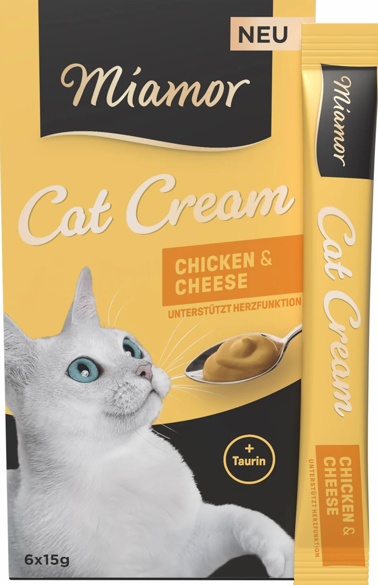 Miamor - Cat Snack (Cream) | Snack para mimar a los Gatos Adultos. Alimento complementario en Bolsa de porciones sin azúcar ni aditivos Artificiales, 11 x 6 x 15 g de Pollo y Queso