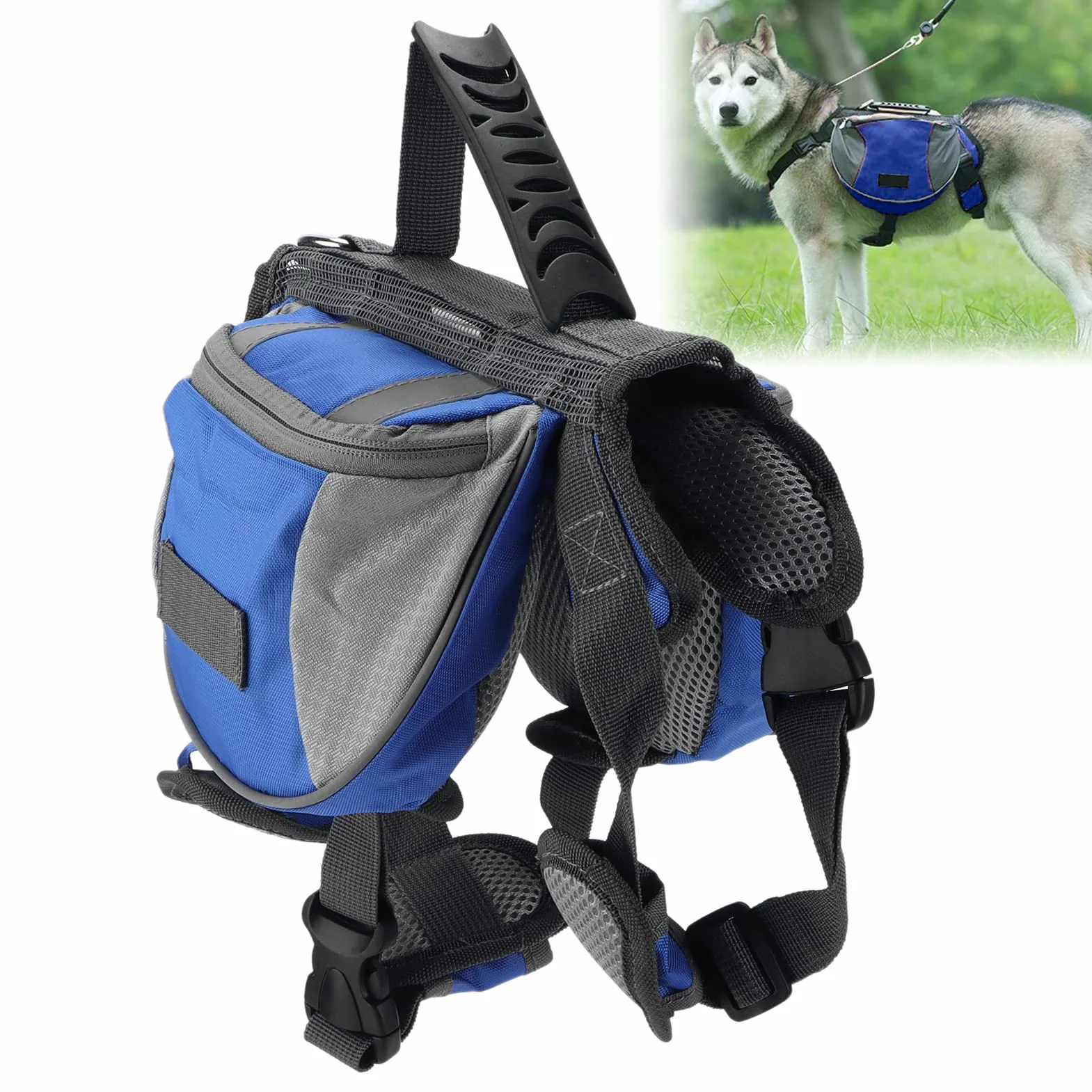 Paquete De Alforjas Para Perros, Mochila De Senderismo Para Perros, Con Tira Reflectante, Alforja Para Perros Para Viajes Y Acampadas, Perros Pequeños, Medianos Y Grandes(S-Azul y gris)