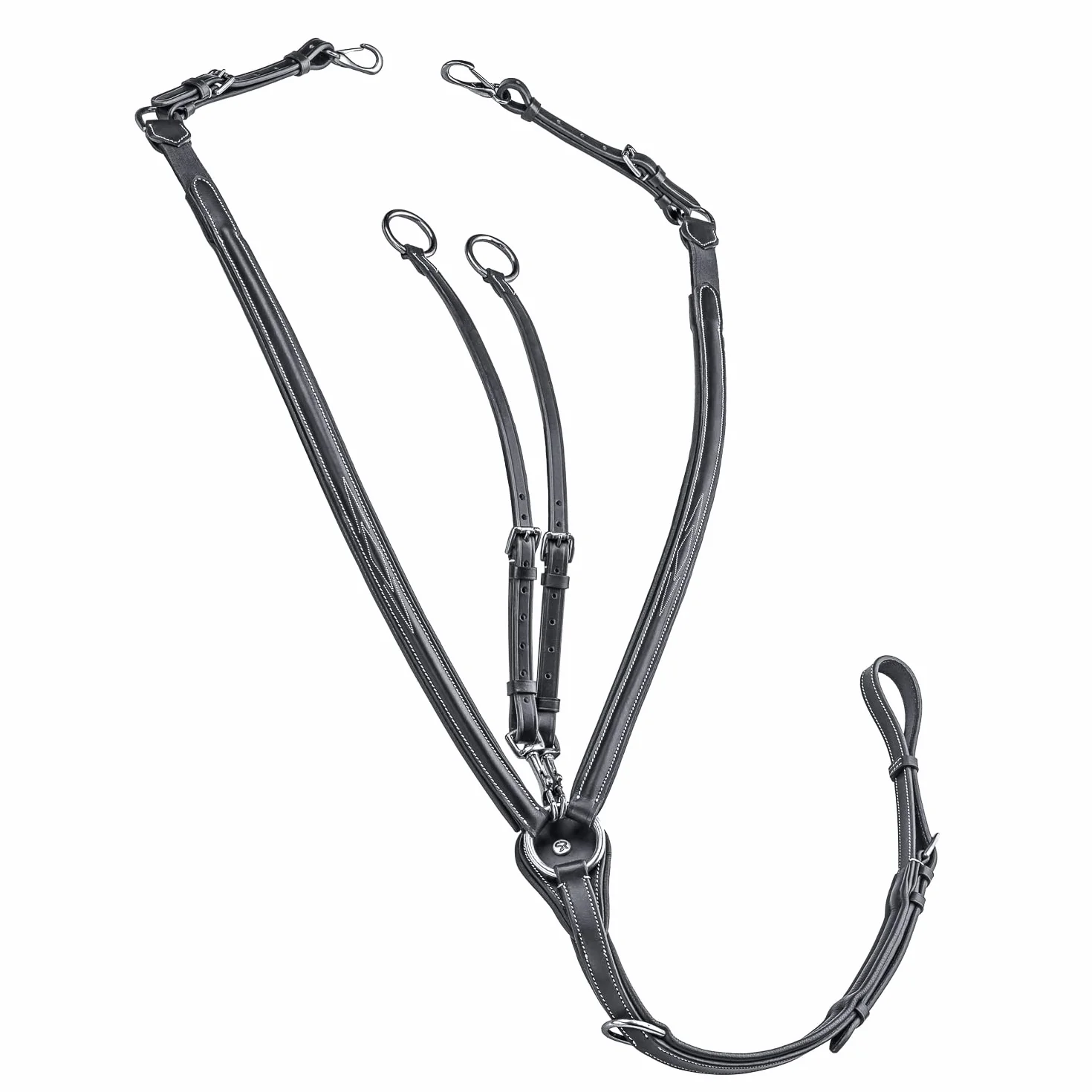 SUNRIDE Pettorale Cavallo in Pelle con martingala (Windsor) – attacco a 3-punti – forchetta martingala rimovibile – inserti elastici – regolabile (Full, Negro)