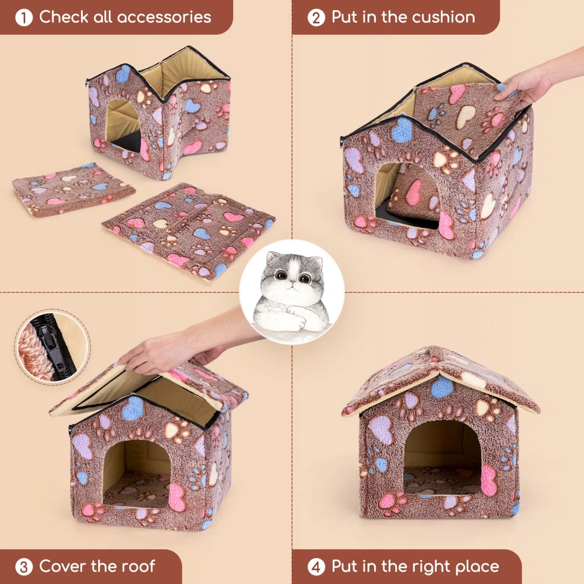 Nobleza Caseta para Perros,Casa Gatos Interior, Cama para Perro con Colchón Extraíble, Plegable Casa para Gato, Conejos, 53x50x43cm L, Marrón