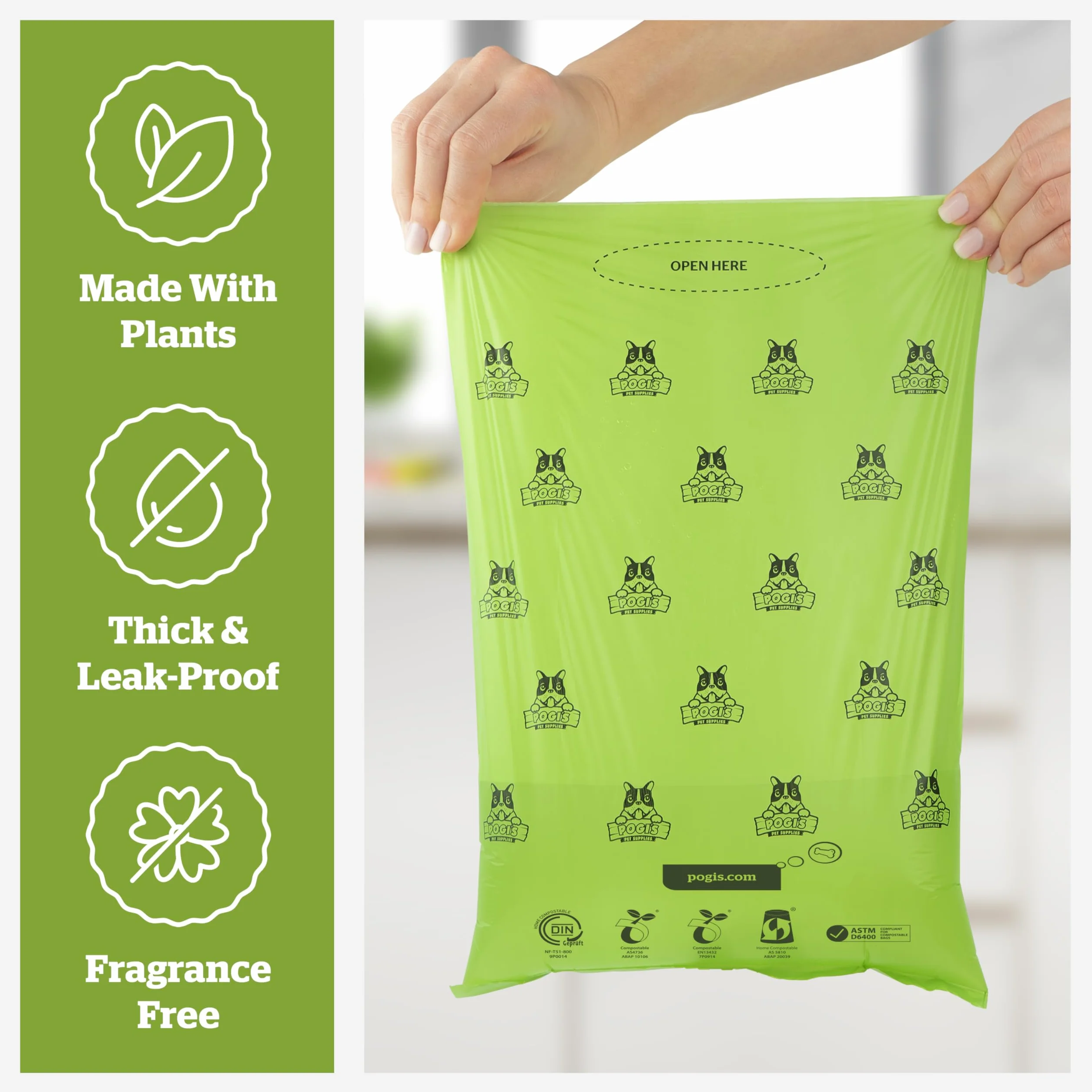 Pogi's Poop Bags - Bolsas Compostables para excremento de Perro - 32 Rollos (480 Bolsas) - Impermeable, Vegetal, Bolsas Compostables para Residuos de Perros con Certificación ASTM D6400, EN 13432