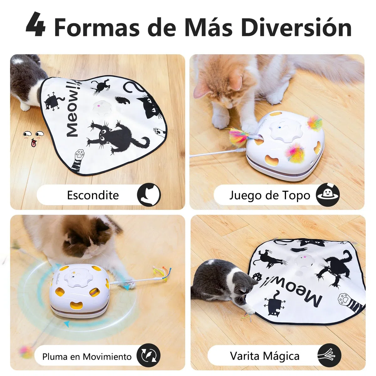GoldenSun Juguetes para Gatos Recargable, Juguete Interactivo 4 en 1 para Gatos, Escondite, Golpea al Topo, Varita Mágica, Persecución de Plumas, Incluye 4 Repuestos