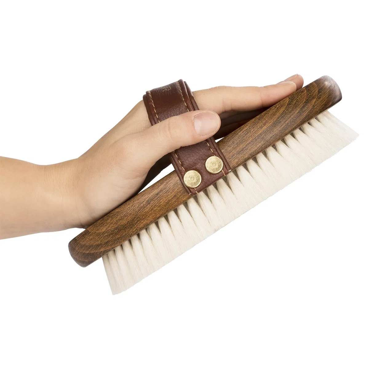 Cepillo de brillo – 100 % pelo de cabra | Cepillo para caballos con mango de madera y correa de cuero vegano | Cuidado suave del pelaje con acabado brillante y antielectrostático