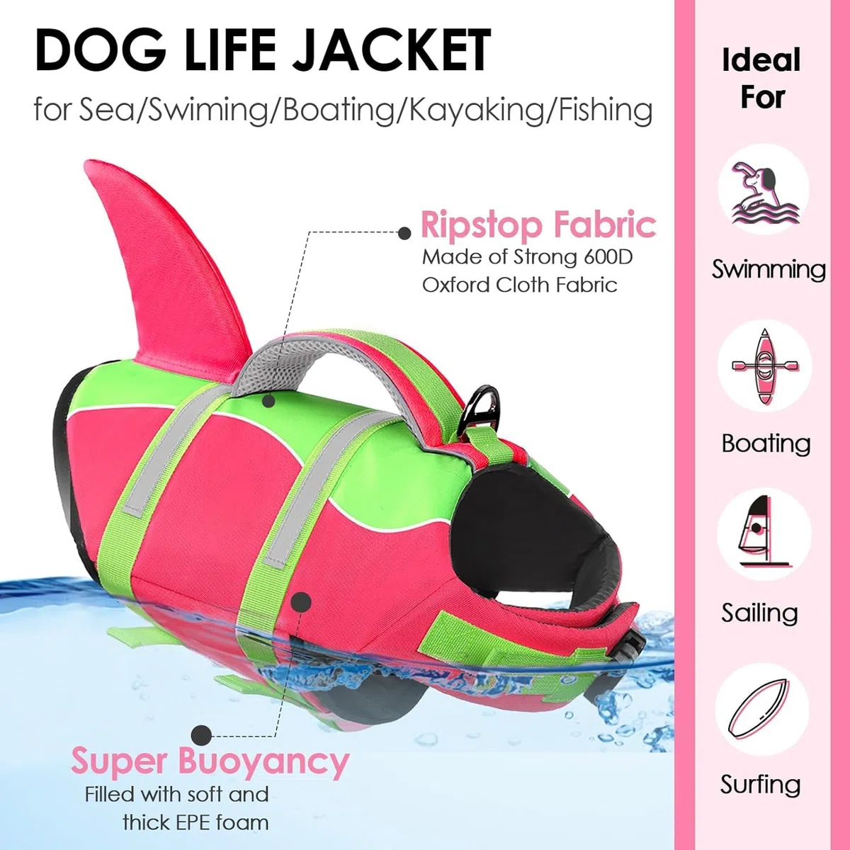 AOFITEE Chaleco Salvavidas Perro Tiburon, Chaleco Salvavidas para Perro, tiburón, Chaleco de Seguridad Reflectante para con flotabilidad Superior y asa de Rescate, Traje de baño Ajustable para