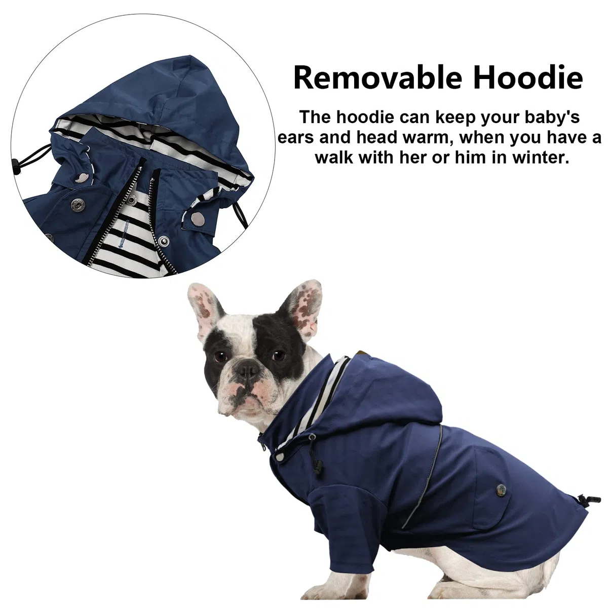 MOREZI Chubasquero para Perros con Cremallera y Botones Reflectantes, Resistente al Viento y a la Lluvia, cordón Ajustable, Capucha Desmontable-Azul Marino-M