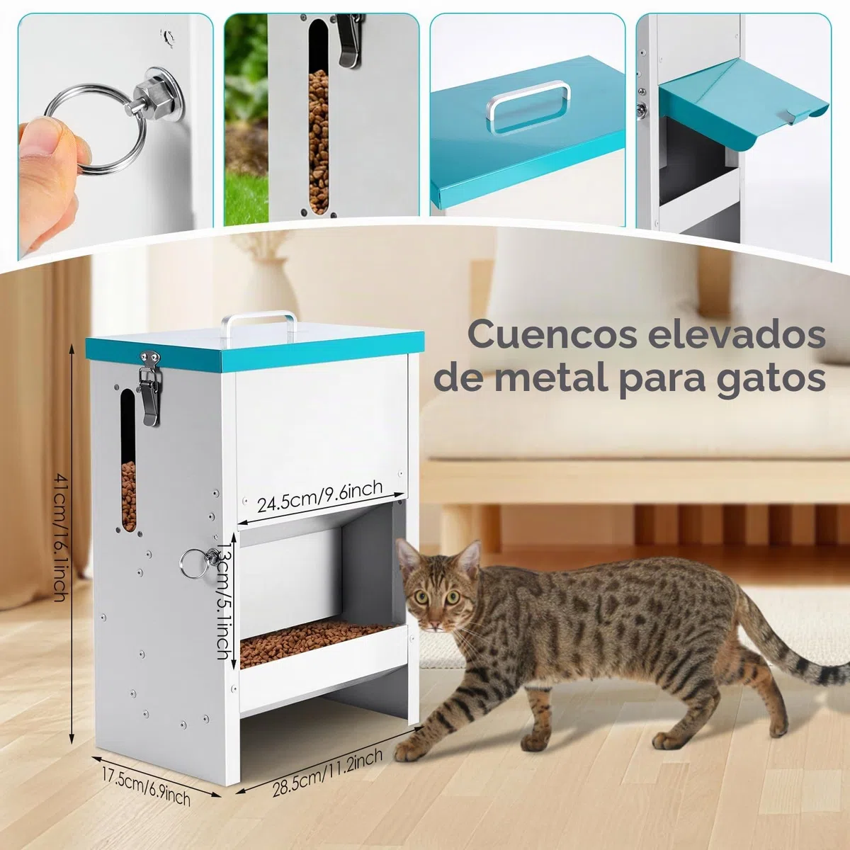 Dispensador Comida Gatos con Comedero Elevado, 10L, Alimentador para Mascotas Integramente de Metal, Tolva para Varios Gatos, Robustos, a Prueba de Lluvia y Nieve