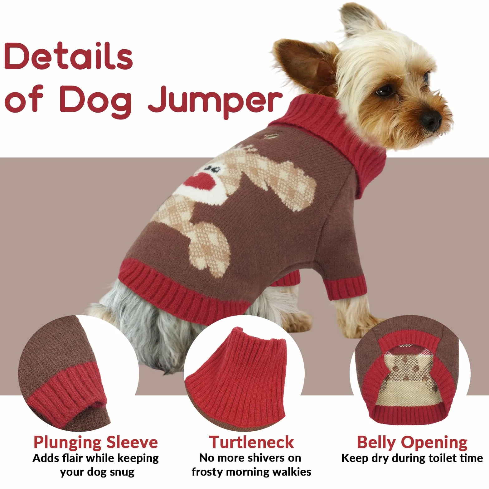 Jersey Navidad Perro - Diseño con Reno Sueter Perro Ropa Cálido con Apertura para Correa, para Pomerania, Yorkshire Terrier, Caniche Toy, Marrón S