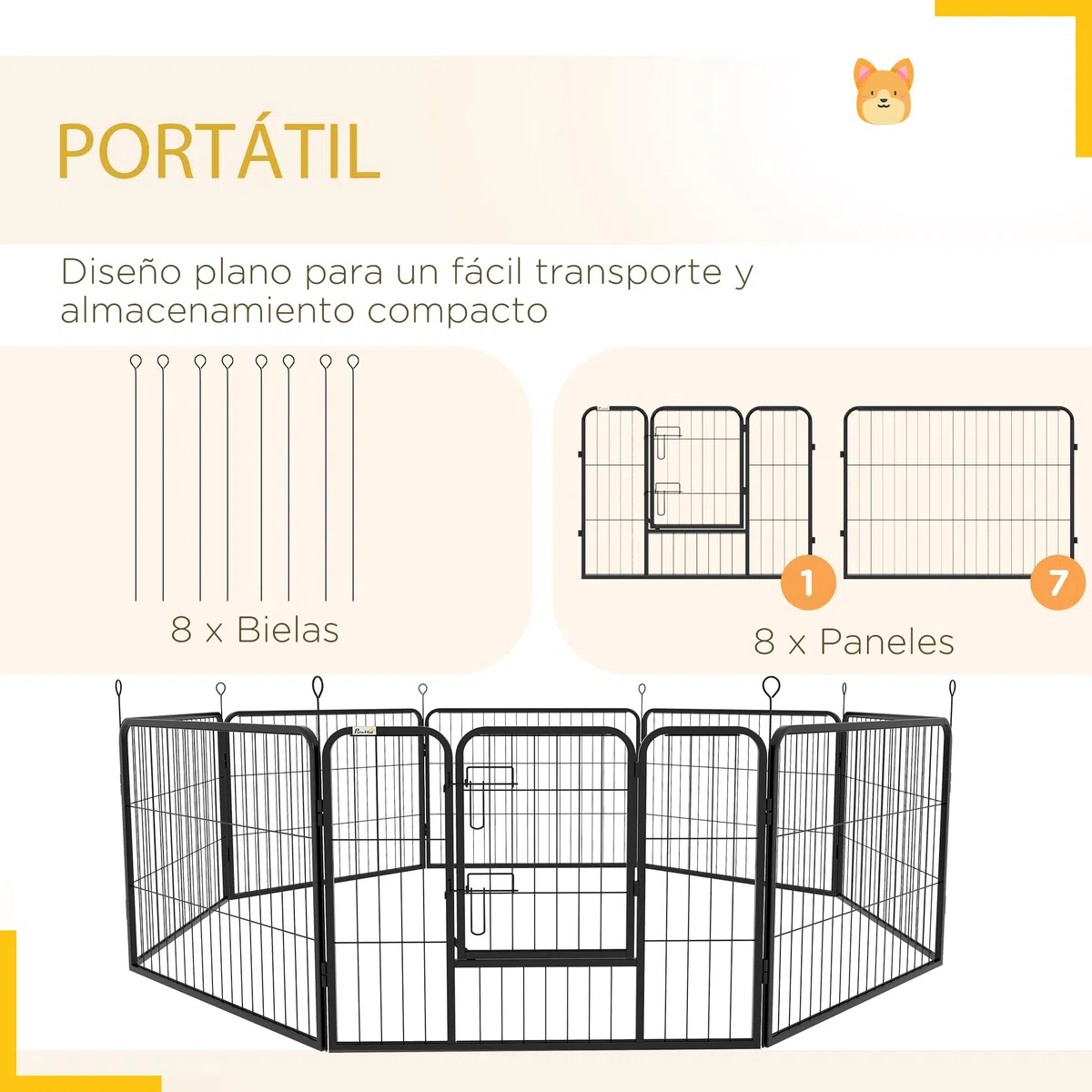 PawHut Parque para Mascotas de 8 Paneles 80x60 cm Corralito para Perros con Puerta y Doble Pestillo Metálicos Cerca de Entrenamiento Negro