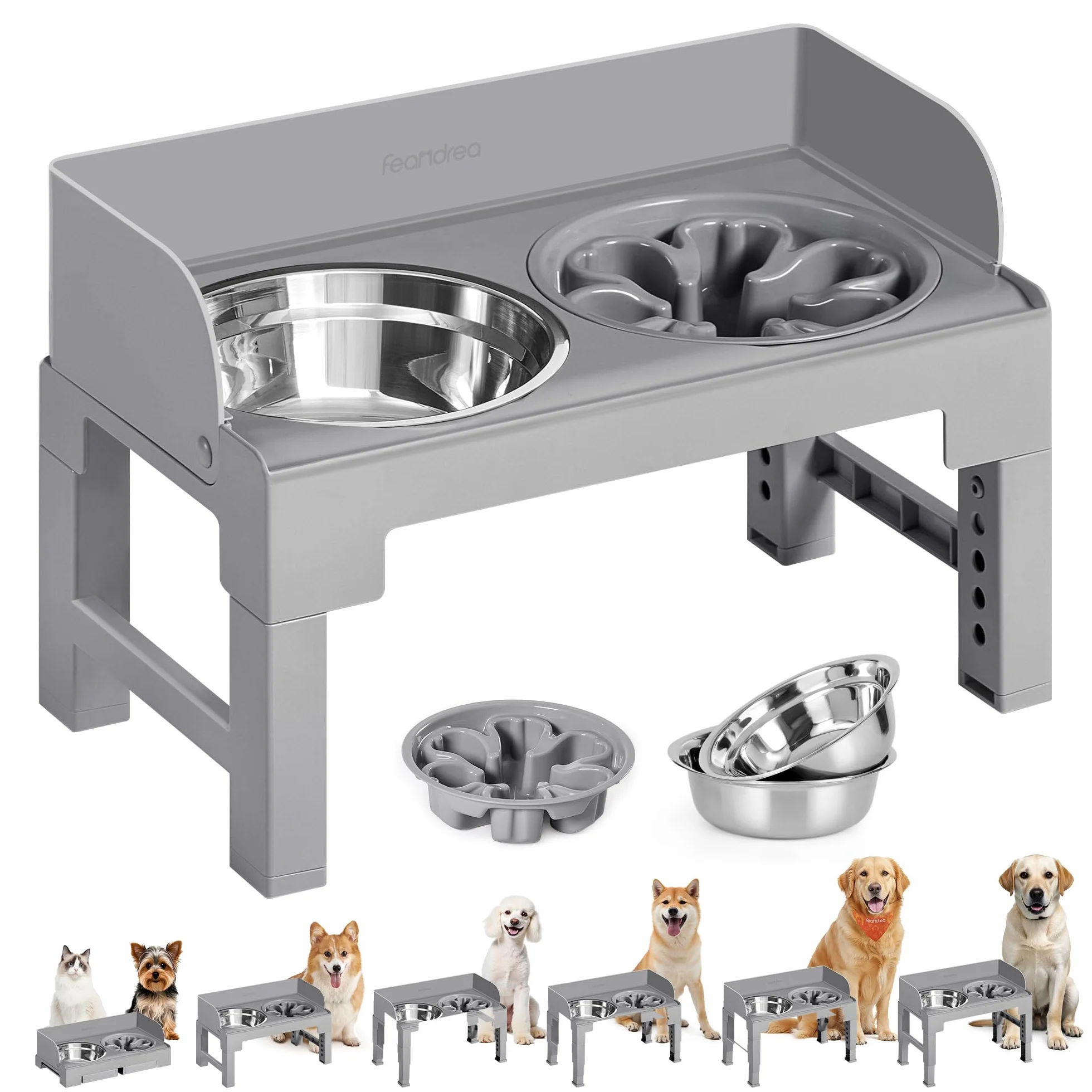 Feandrea Comedero Elevado para Perros con Soporte, 1 Comedero Lento y 2 Comederos de Acero Inoxidable 304, Altura Ajustable y Diseño Inclinado, Gris Paloma PRB103GD01