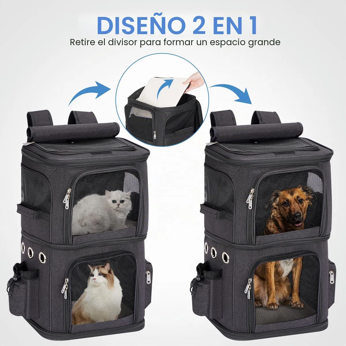 Mochila para 2 Gatos 2 en 1, Doble Compartimento con Divisor Extraíble, Transportín para Gato Grande hasta 12 kg, Portátil para Viajes y Paseos, Negro