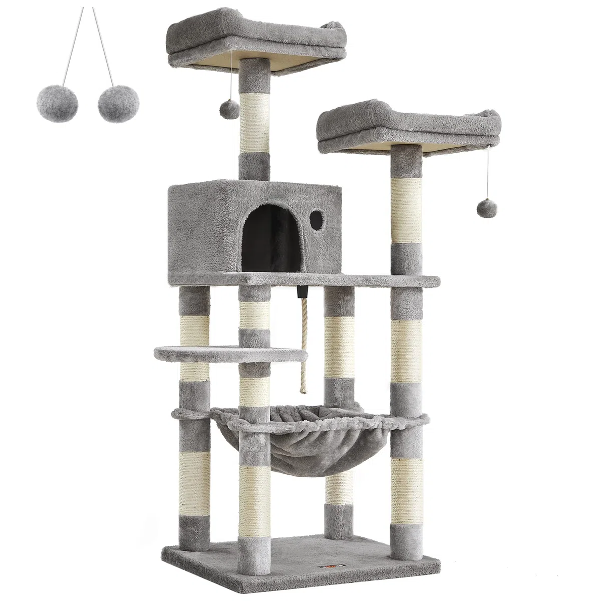 Feandrea Árbol para Gatos de Altura 143 cm, Torre para Gatos, con 11 Postes Rascadores, 2 Plataformas, 1 Cueva, 1 Hamaca, 2 Pompones, Tela de Felpa, Multinivel, Gris Claro PCT15W