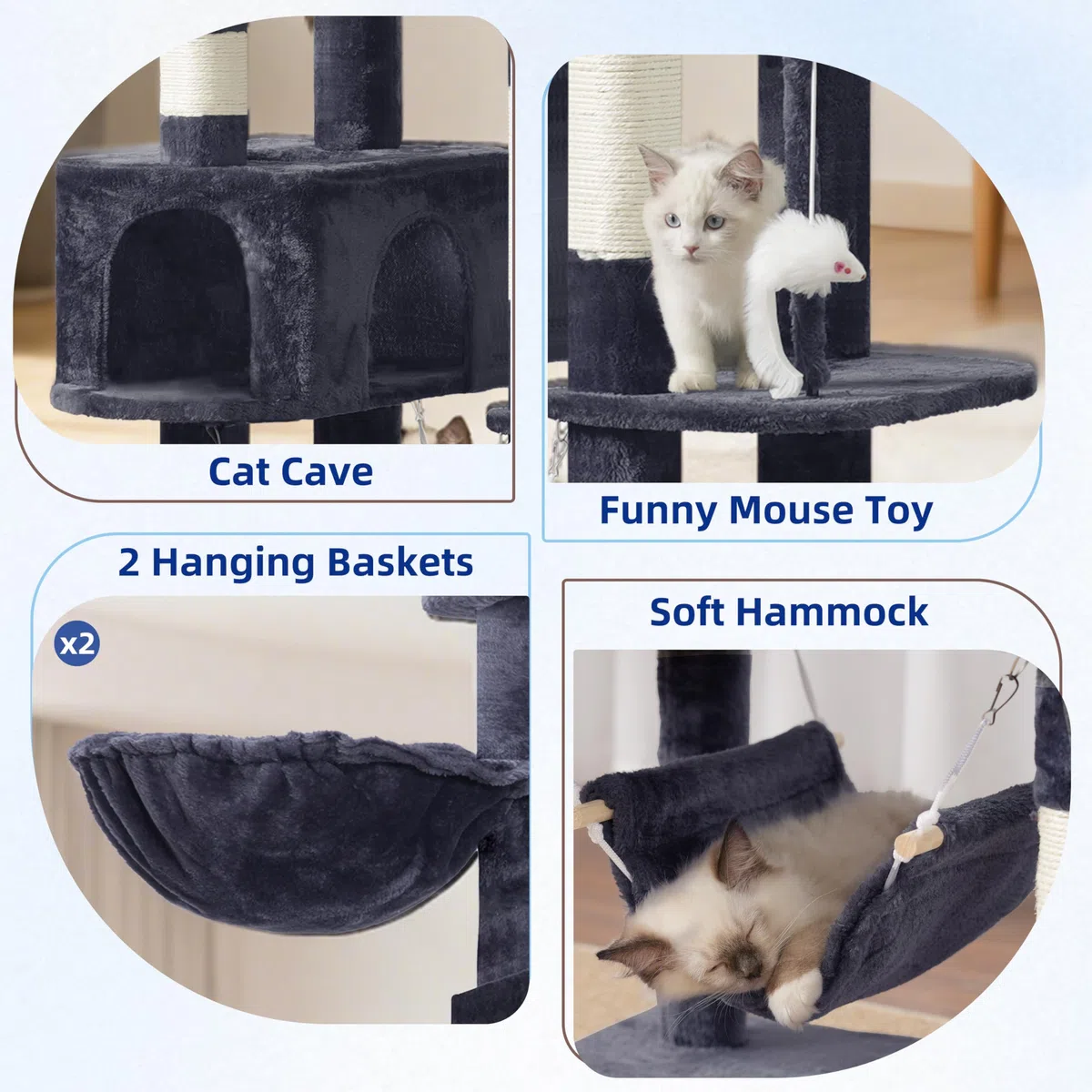 Gitelsnour rascador para Gatos Grandes, árbol para Gatos de Interior de 200 cm, con Amplia Plataformas Superior, Cuevas, Hamaca, rascadores, Gris Ahumado GCT031G
