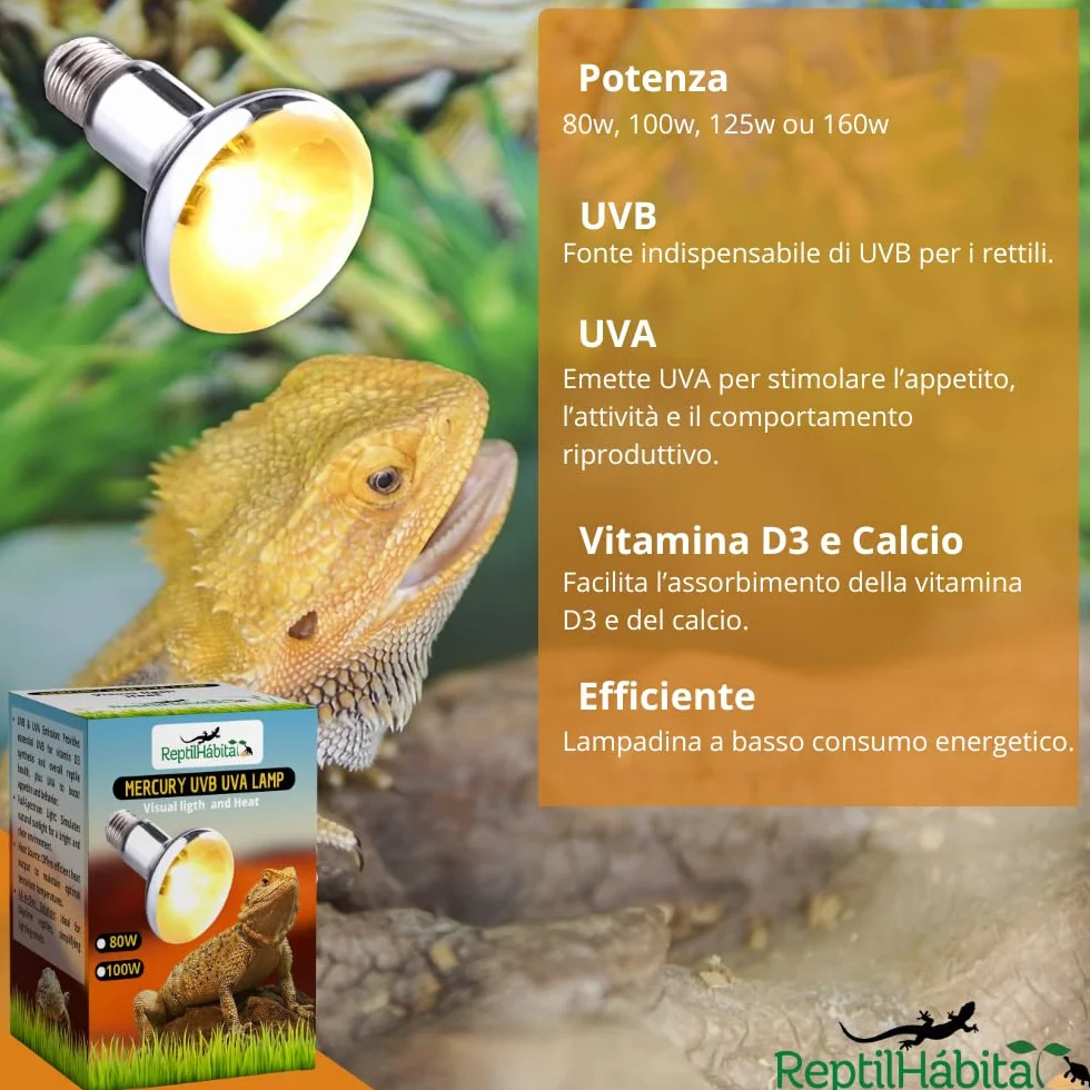 Bombilla UVB UVA con Calor para Reptiles 80W, 100W, 125W y 160W – Lámpara Vapor de Mercurio Todo en Uno para Terrarios – Luz Solar Artificial con Protección Térmica (125W)