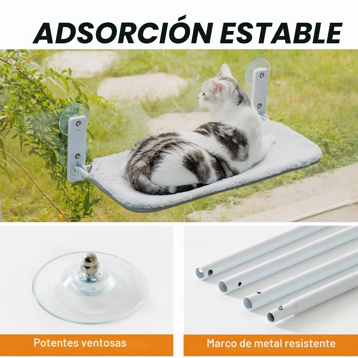 EDAGNY Hamaca para Gato Ventana Confort con Alfombra Reversible y Lavable - 54x30cm Hamaca para Gato Cama Ventana Estructura Metálica Resistente Soporta 18kg, Gris M