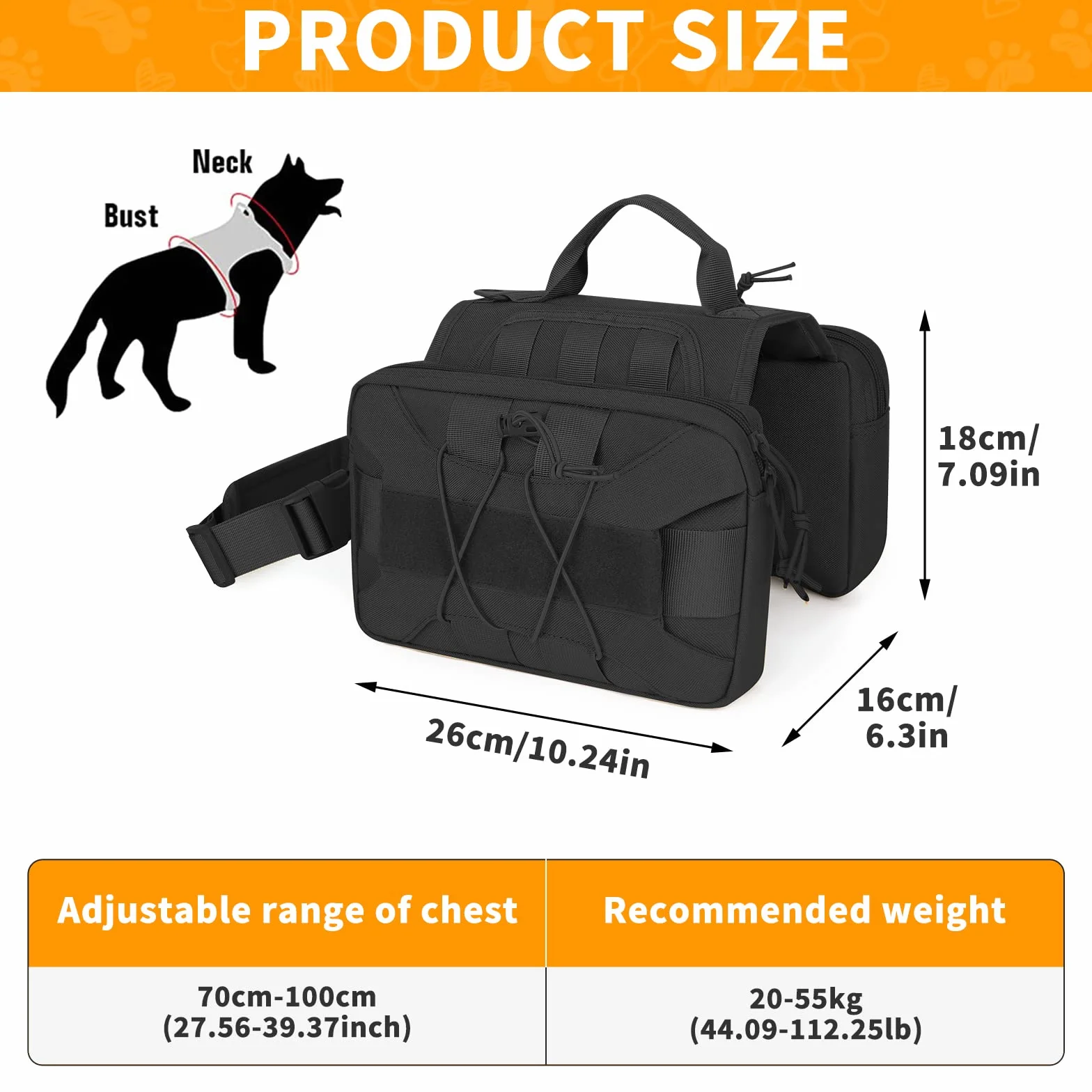 Huntvp Mochila Táctica para Perros 1000D Arnés para Perros con Grandes Bolsillos Alforja Ajustable Molle para Perros Medianos Grandes Viajar Senderismo,Negro