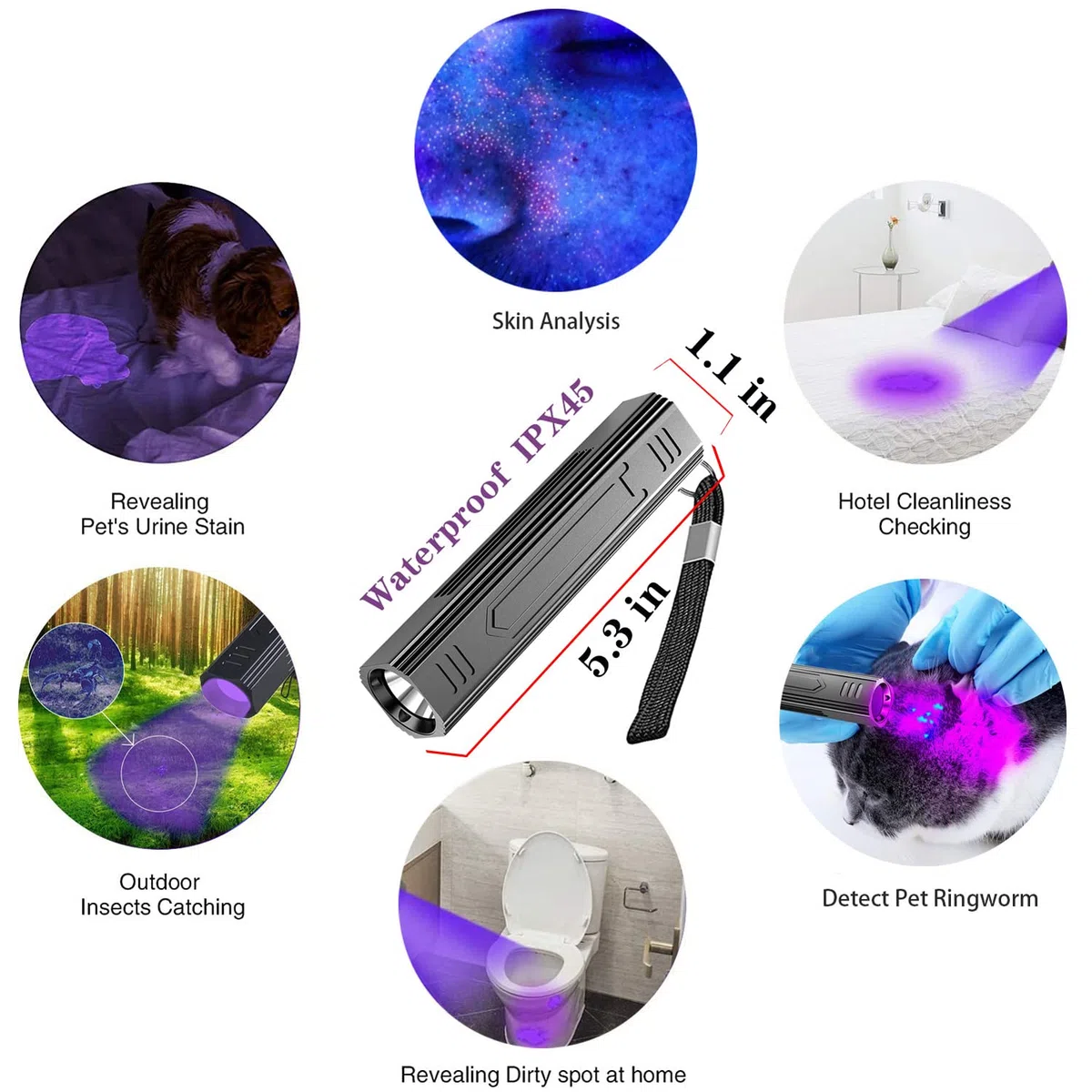 Wood's - Lámpara UV portátil, 365 nm, para mascotas, gatos, perros, luz negra, linterna UV con detector de tiña para gatos, detector de orina de mascotas para analizar la piel de perros y gatos