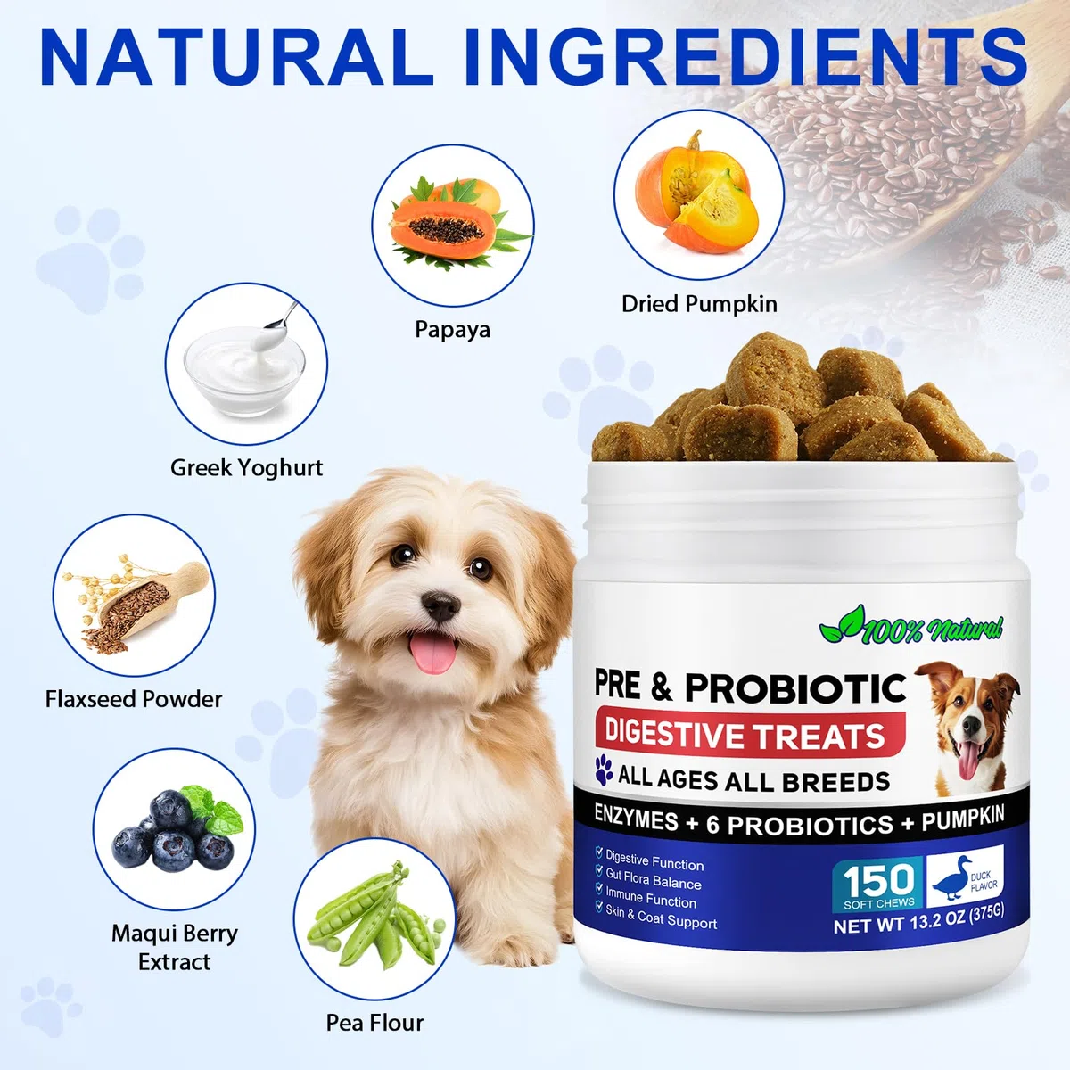 Probióticos para perros, 150 probióticos para la salud intestinal de los perros, pre y probióticos para el apoyo a la salud digestiva del perro, aumenta la salud intestinal y la inmunidad, sabor a
