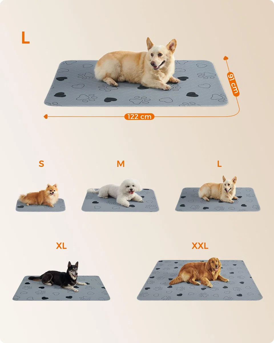 Feandrea Alfombras Lavables para Perros, Alfombras Absorbentes Reutilizables, 122 x 91 cm, Juego de 2, XL, Impermeables, Antideslizantes, Alta Absorbencia, para Gatos, Conejos, Gris PTD036G01
