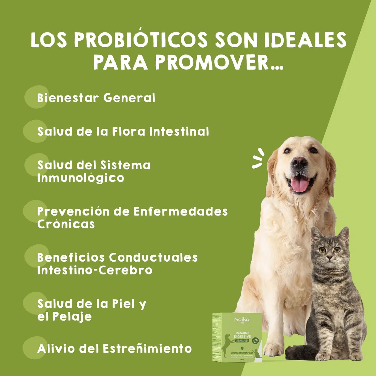 MAIKAI Probióticos para Perros y Gatos - Apoyo Digestivo + Inmunológico Natural - Antidiarreico en Polvo con Omega 3 + Boldo + Coenzima Q10 - Suplemento 150 g para Flora Intestinal y Defensas