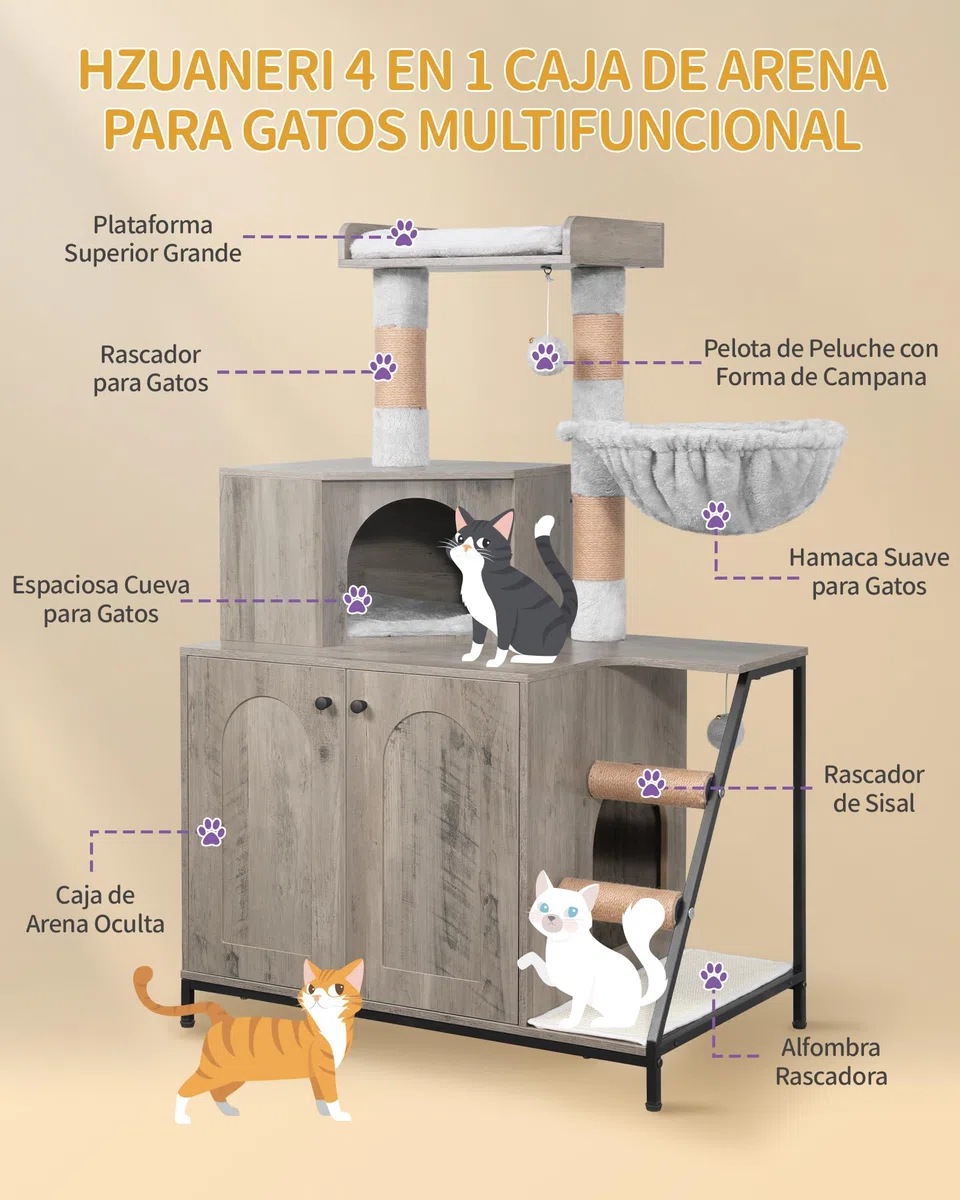Hzuaneri Armario para Gatos, Moderna Casa para Gatos 4 en 1 con Plataforma Grande, Mueble Arenero Gato con Alfombrilla para Arañar, Postes, Escaleras y Pompón, Cojines Lavables, Greige CB81005B