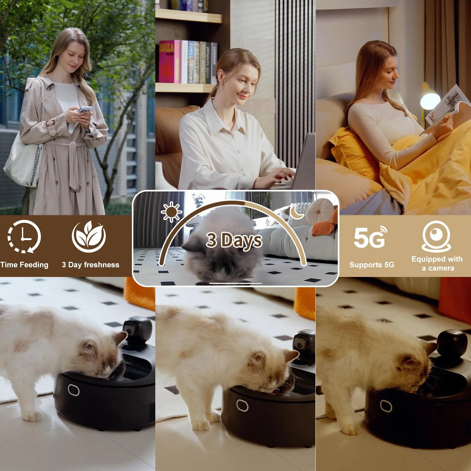 Cayboxy - Comedero automático para gatos con control de alimentos húmedos, dos en uno, refrigerado automático para gatos con refrigeración semiconductora, 5 comidas frescas, controlado por aplicación