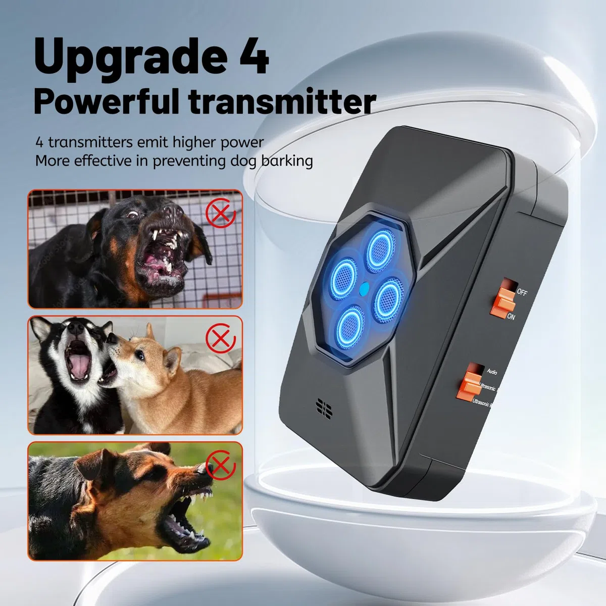 Antildridos para Perros, 4 Transmisores Ultrasónicos, 3 Niveles de Frecuencia Ajustables, Alcance de hasta 30 pies, Seguro para Perros Pequeños, Medianos y Grandes, para Interiores y Exteriores