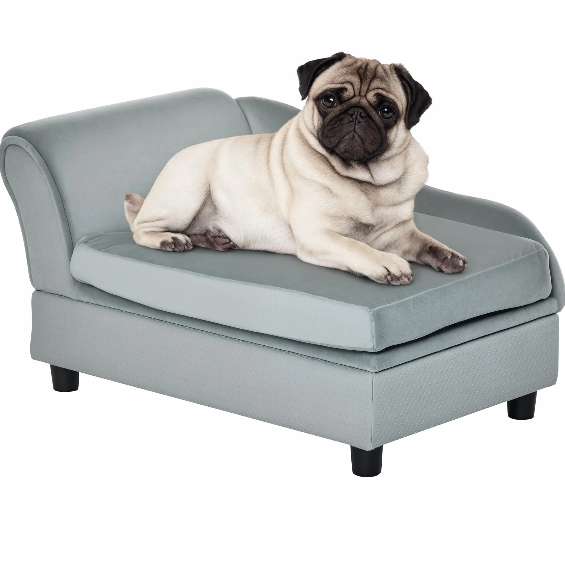 PawHut Sofá para Perros Pequeños Sofá para Gatos Tapizado en Terciopelo con Almacenaje Oculto y Cojín Lavable Carga 10 kg 76x45x43 cm Gris Claro