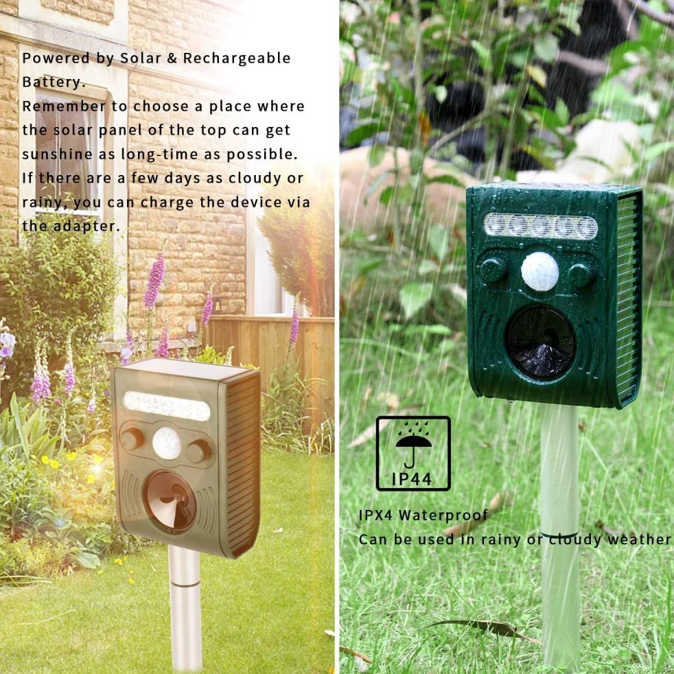 2X Repelente para Gatos,Ultrasonido Exterior Potente e Impermeable con Sensor de Movimiento - Recarga Solar/USB - Animales, Gatos, Perros, pájaros