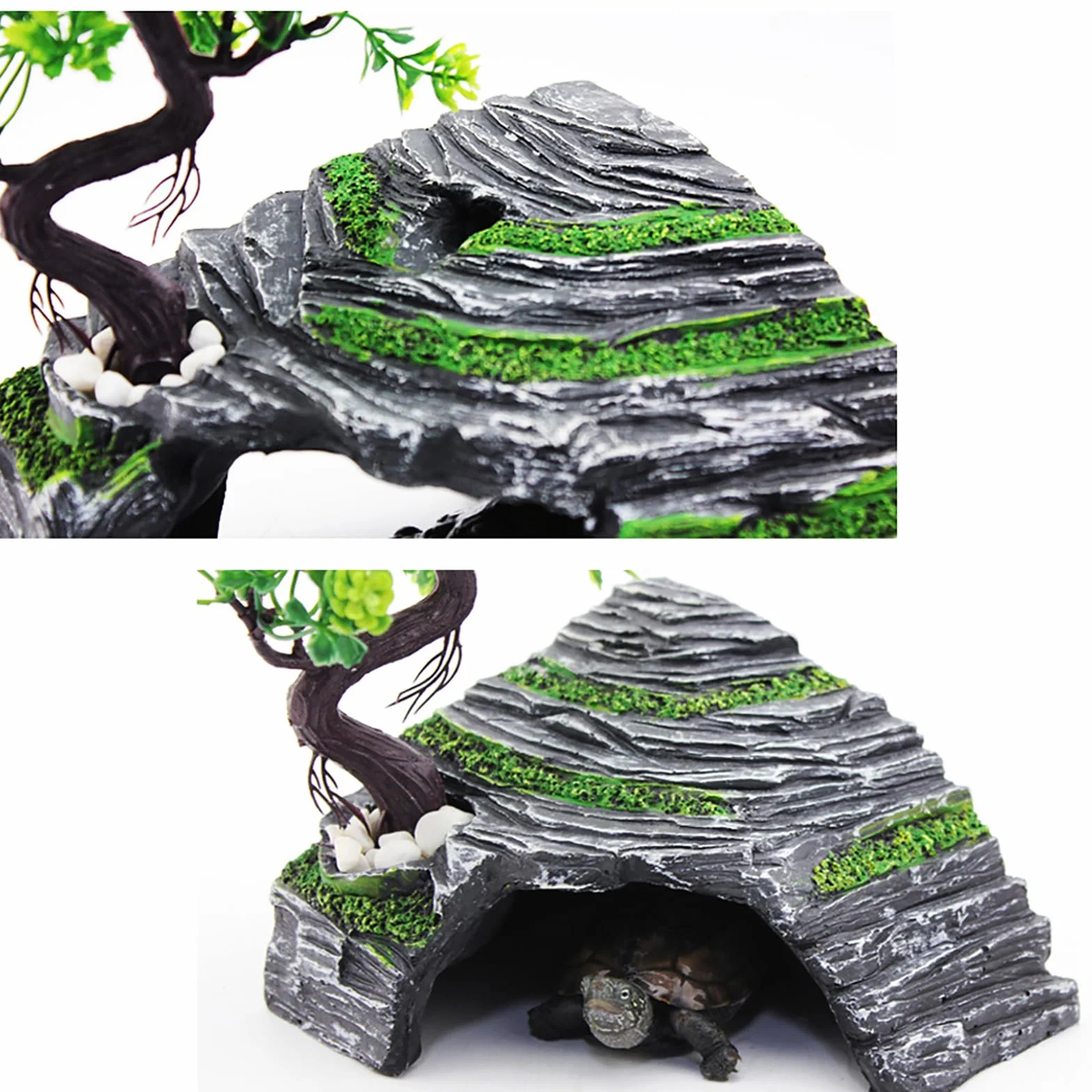 OMEM Reptil Box Refugio Terrario Escondite Cuevas Tortuga Plataforma para Tomar el Sol Decoración de Hábitat Humidificar Ocultar Cueva Resina Roca (M)