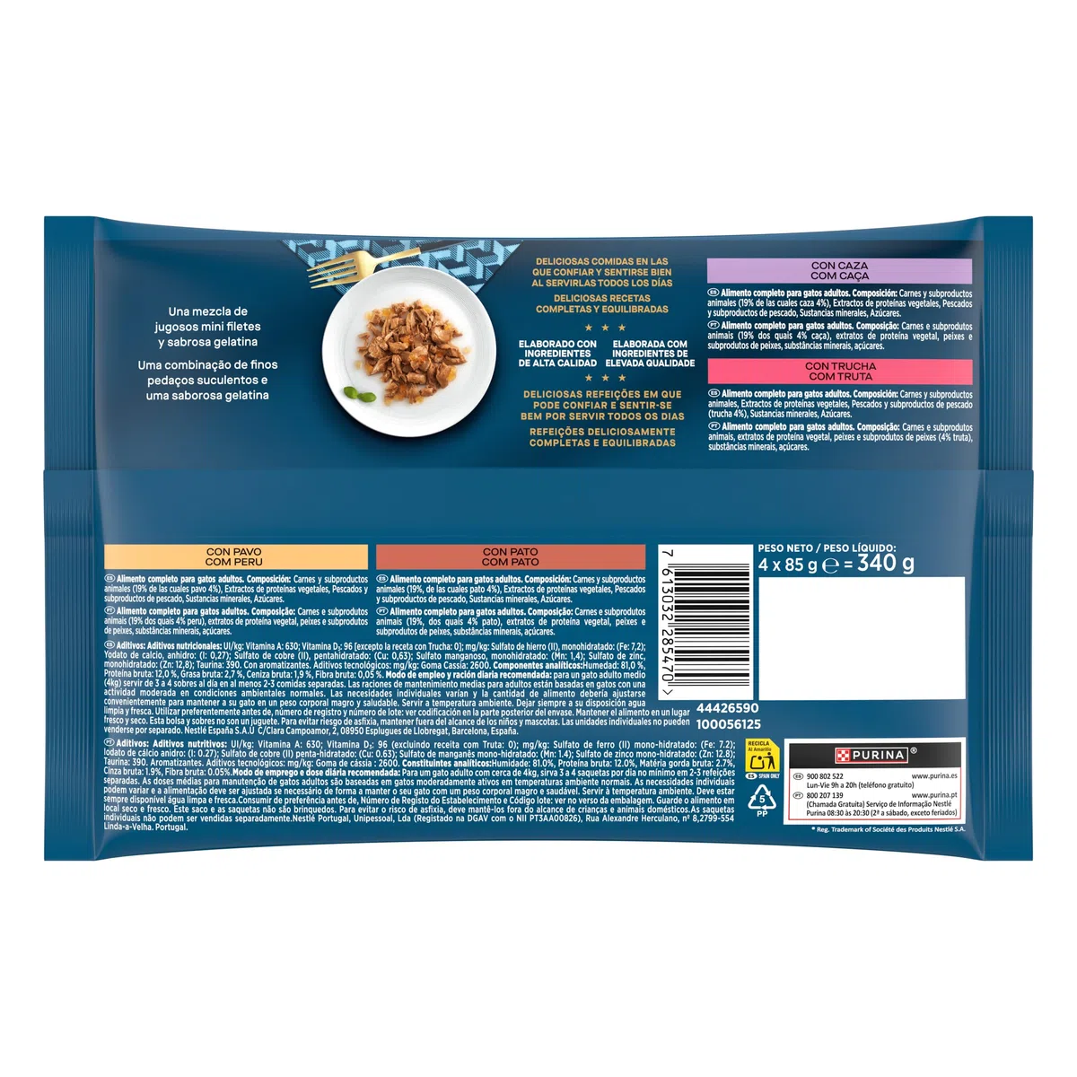 GOURMET Perle Mini Filetes en Salsa, Comida Húmeda para Gato Adulto, Trocitos en Salsa, Surtido de Pavo, Pato, Caza y Trucha, 12 Packs de 4 Sobres de 85 g. (48 sobres)
