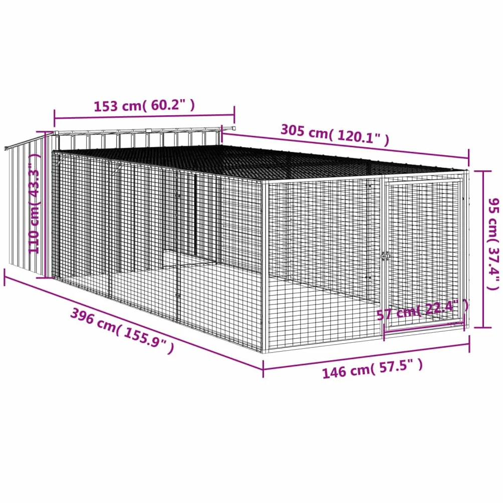 vidaXL Caseta Perros con Corral Acero galvanizado Gris 153x396x110 cm