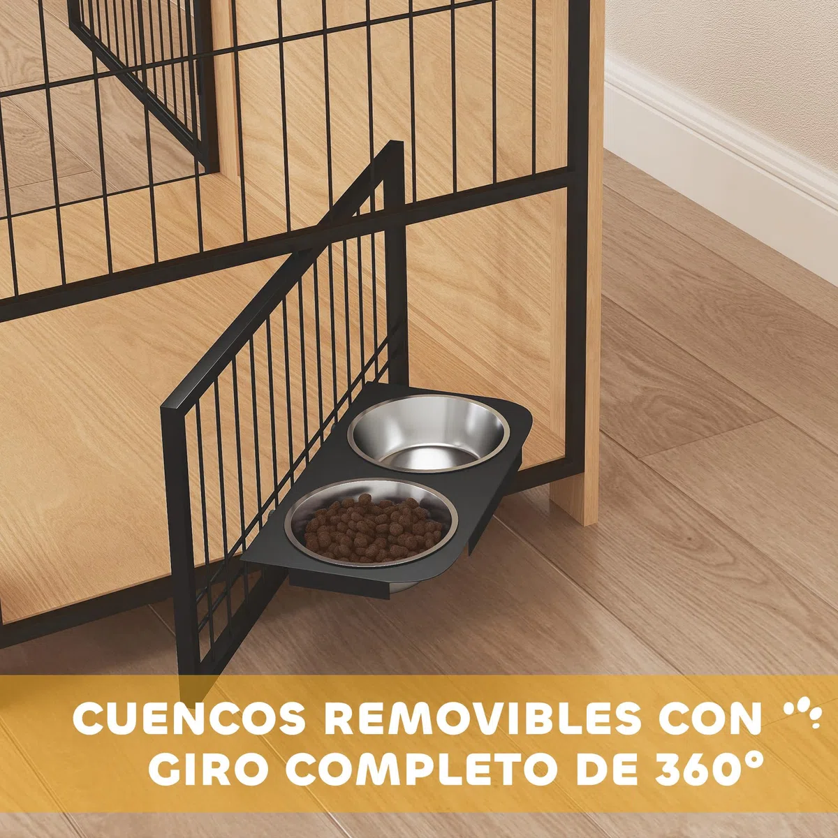 PawHut Jaula para Perros Moderna Mesa Auxiliar Casa para Mascotas con 2 Puertas, Soporte Giratorio con 2 Tazones, Estructura de Acero para Perros Medianos 80x60x68 cm Roble