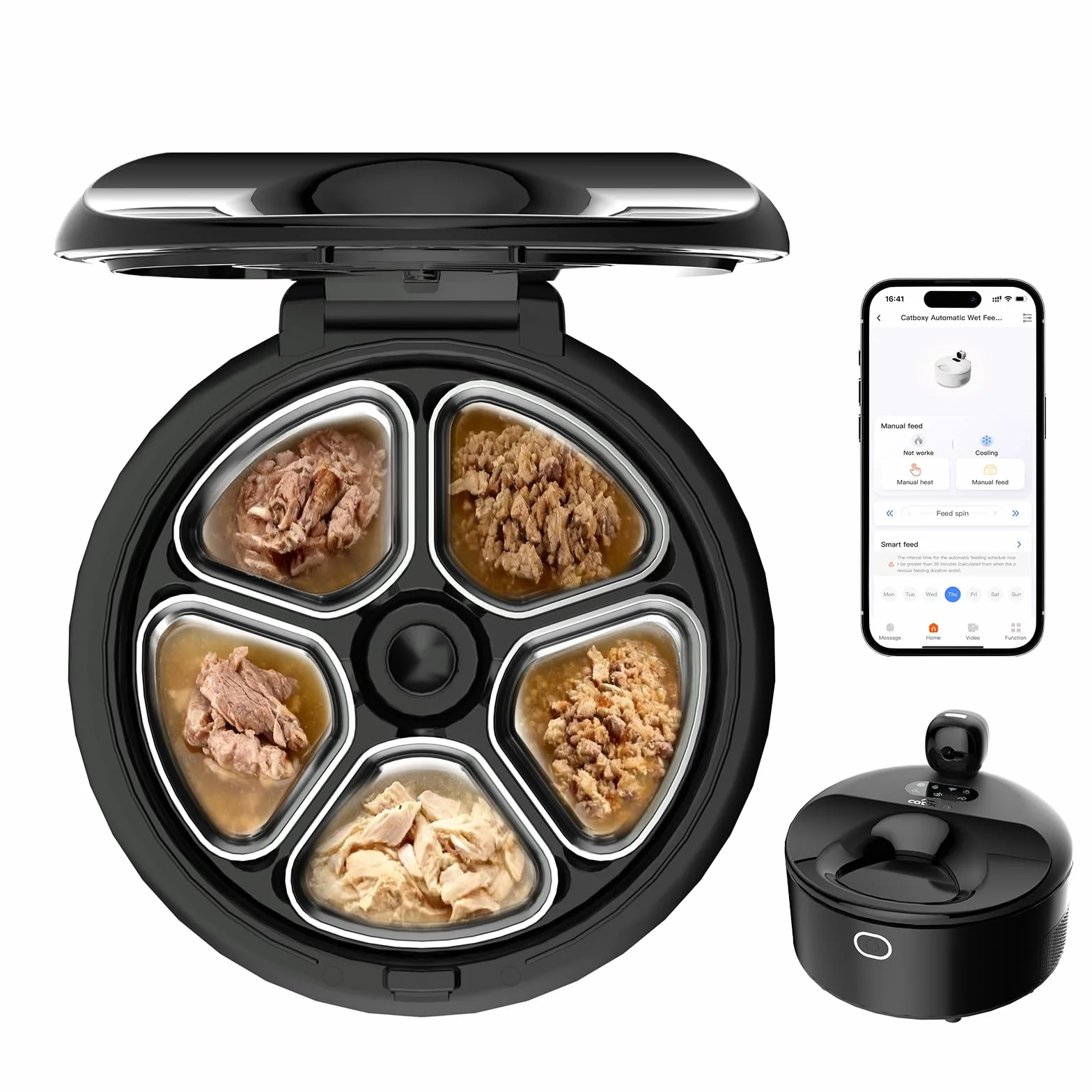 Cayboxy - Comedero automático para gatos con control de alimentos húmedos, dos en uno, refrigerado automático para gatos con refrigeración semiconductora, 5 comidas frescas, controlado por aplicación