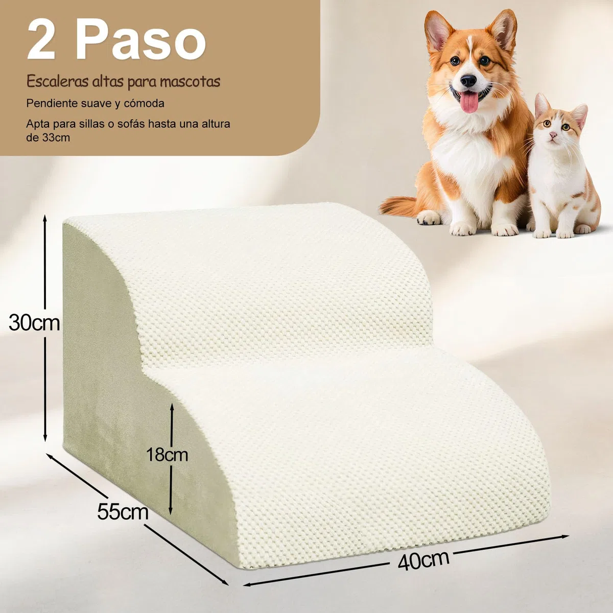 Niubya Escalera para Perros y Gatos Pequeños, 2 Peldaños 30 cm, Espuma 30D Alta Densidad, Antideslizante, Funda Extraíble Lavable, Sofá y Cama para Mascotas Mayores, Beige