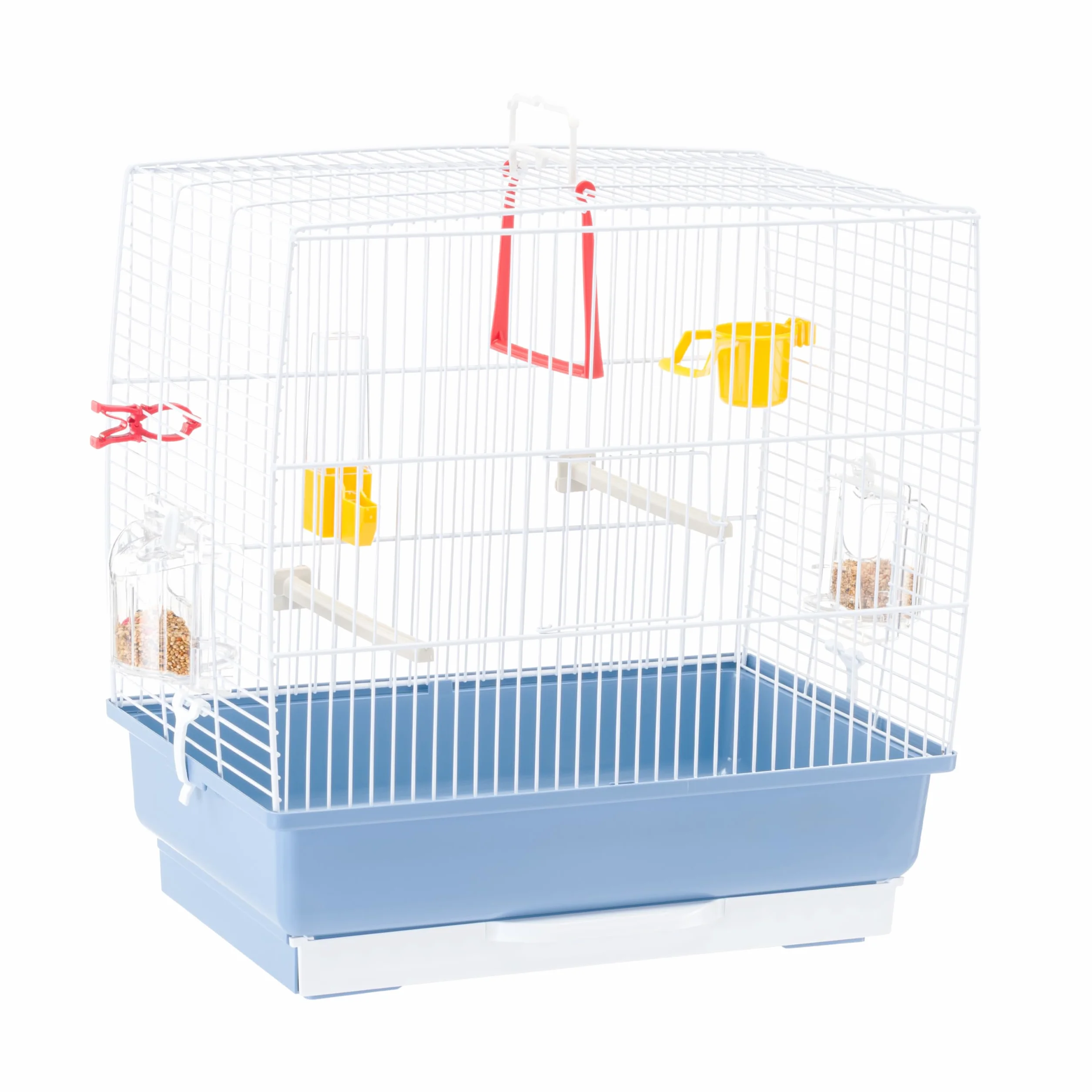 Ferplast Jaula Rectangular para pequeños pájaros exóticos y Canarios Rekord 2 con Accesorios y comederos giratorios, Alambre Pintado Blanco y cubeta de plástico Azul Celeste, 39 x 25 x h 41 cm