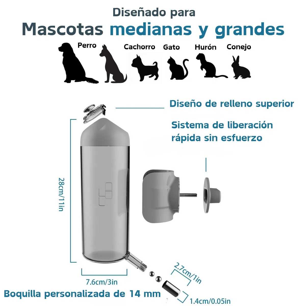 Dispensador de Agua Perros para Jaula, Septillar, 700ml, Bebedero Perro, Sin Goteo, Botella Agua Perro, Mascotas, Gato, Conejo (Gris)