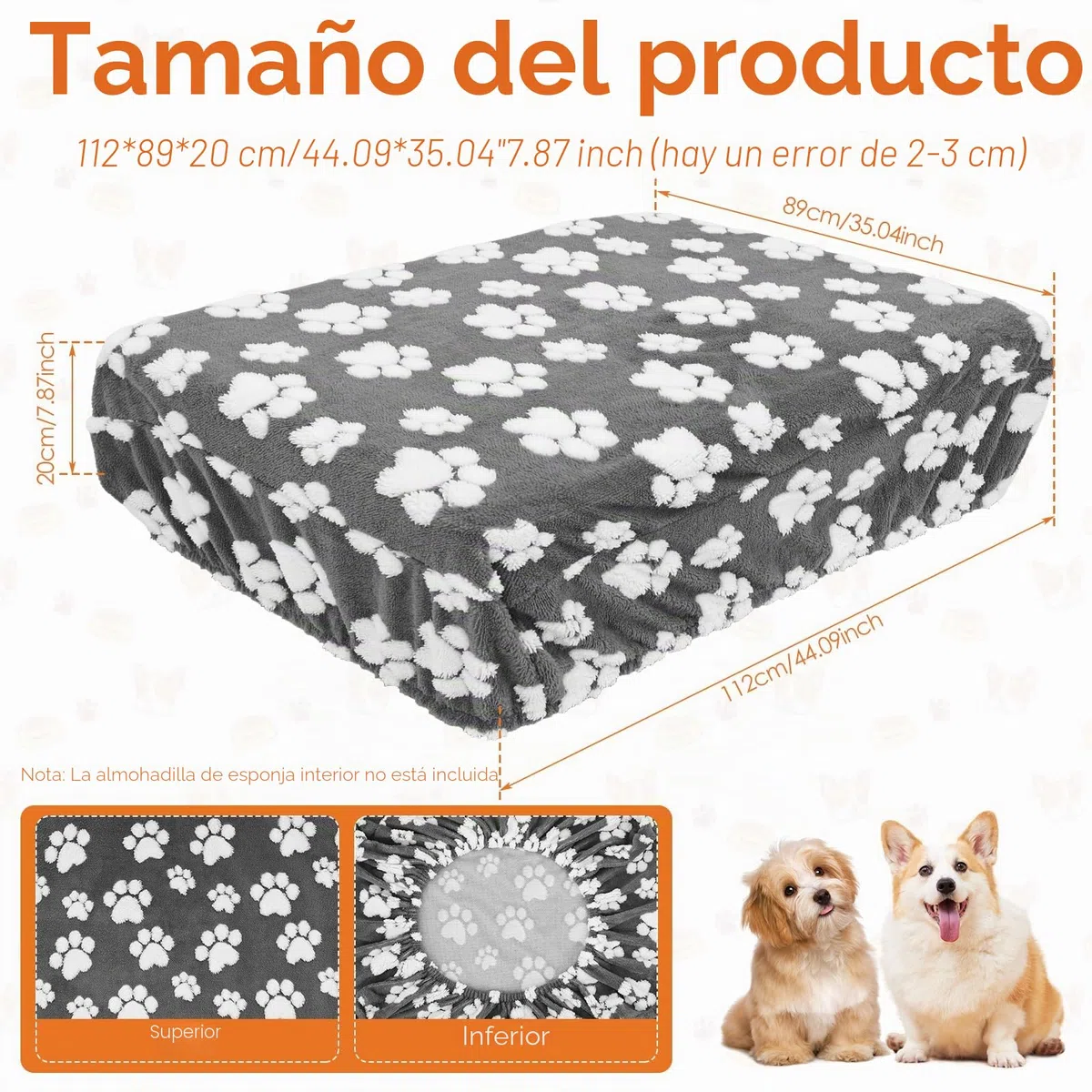Fundas para camas de perros, funda de repuesto para cama de perro, impermeable, suave funda de terciopelo para cojín de perro, lavable, 91 x 69 x 20 cm/112 x 89 x 20 cm (XL)