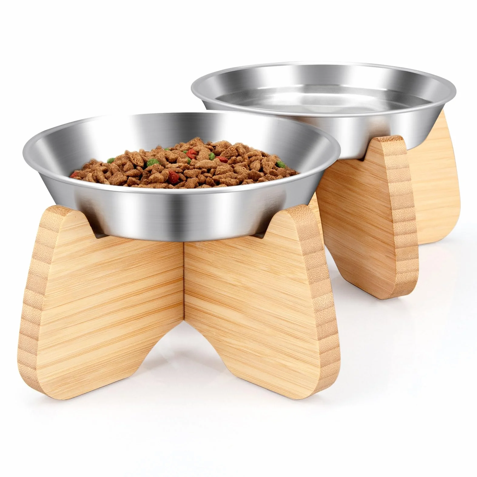Comedero Gato Elevado Acero Inoxidable Soporte Bambú Madera Antideslizante,Platos Cuencos para Gatos Pequeño Plano Fatiga Bigote Perro para Cat Mascota Bowl Comida Agua Plateado (2 Piezas)
