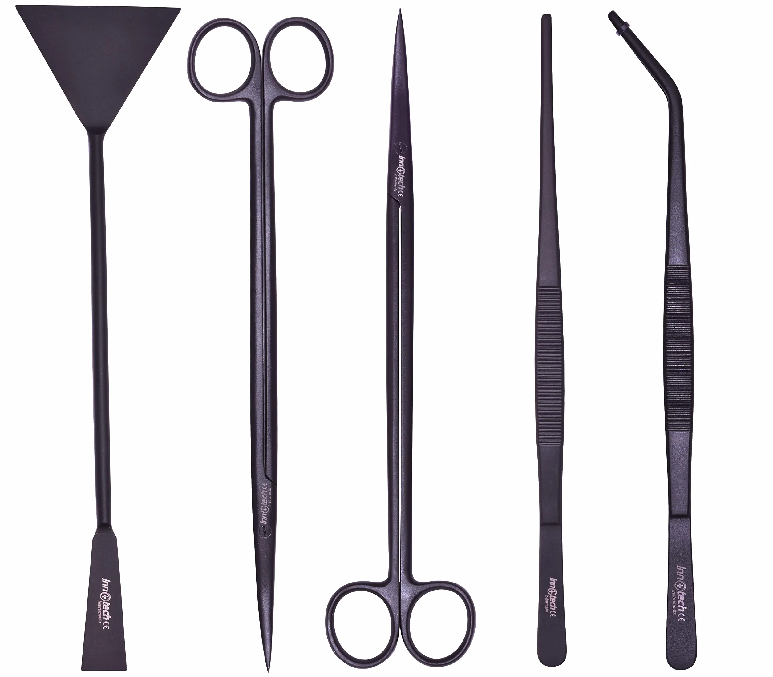 Innotech - Kit de limpieza para acuarios, color negro, juego completo de herramientas para el cuidado del terrario, 5 unidades de acero inoxidable, con estuche de 25 cm