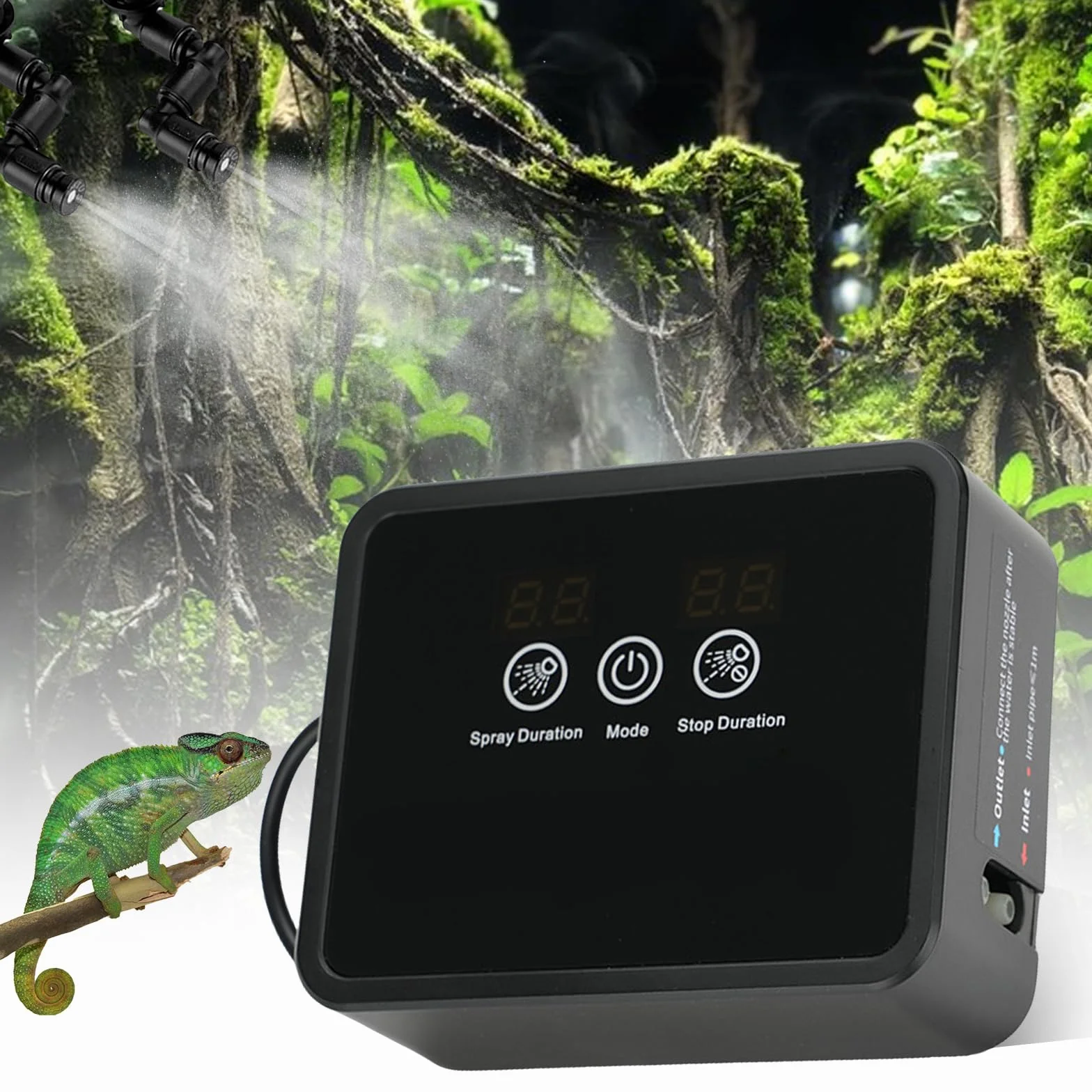 Humidificador de aire para reptiles, sistema de aspersión inteligente de terrario, sistema inteligente de reptiles, atomizador automático con temporizador y boquillas de pulverización ajustables para