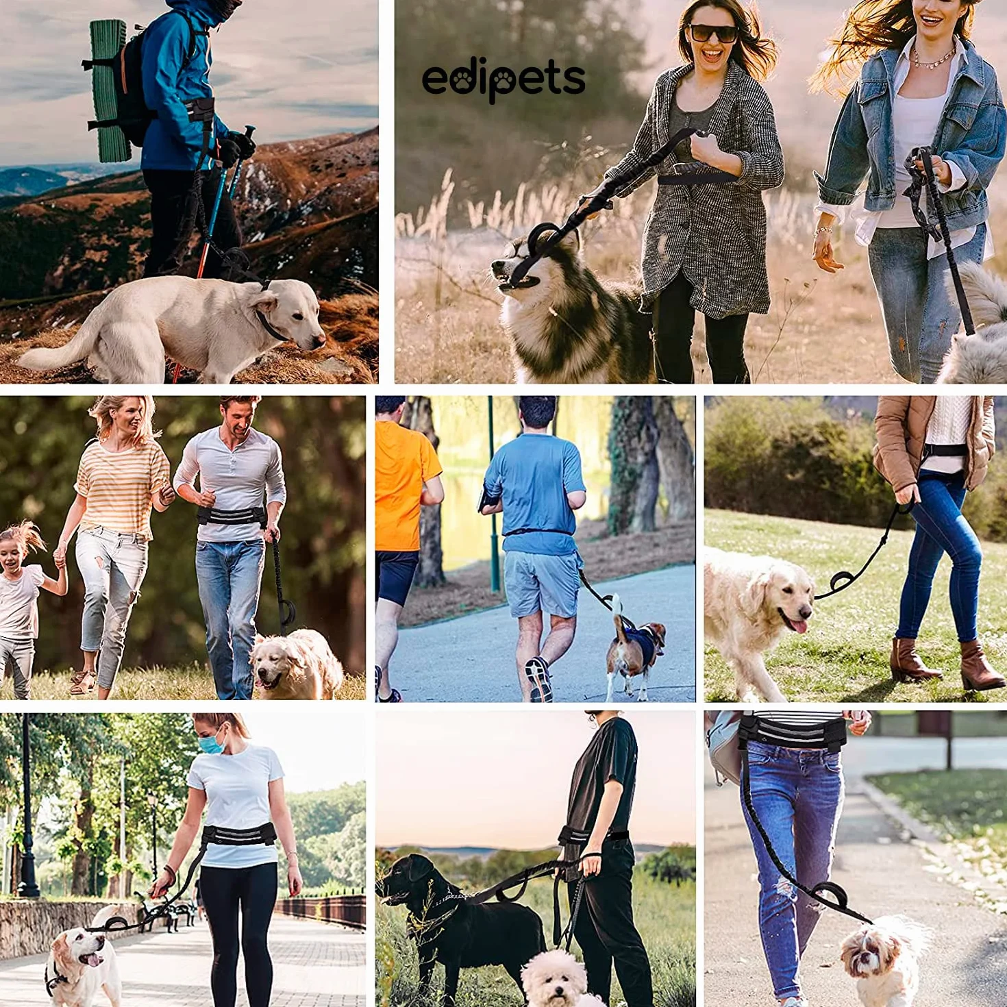 Edipets, Correa Perro Cintura, para Correr, Extensible, Manos Libres, Running, Antitirones, Elástica, Reflectante, 160-220 cm, Paseo, para teléfono móvil (Negro)