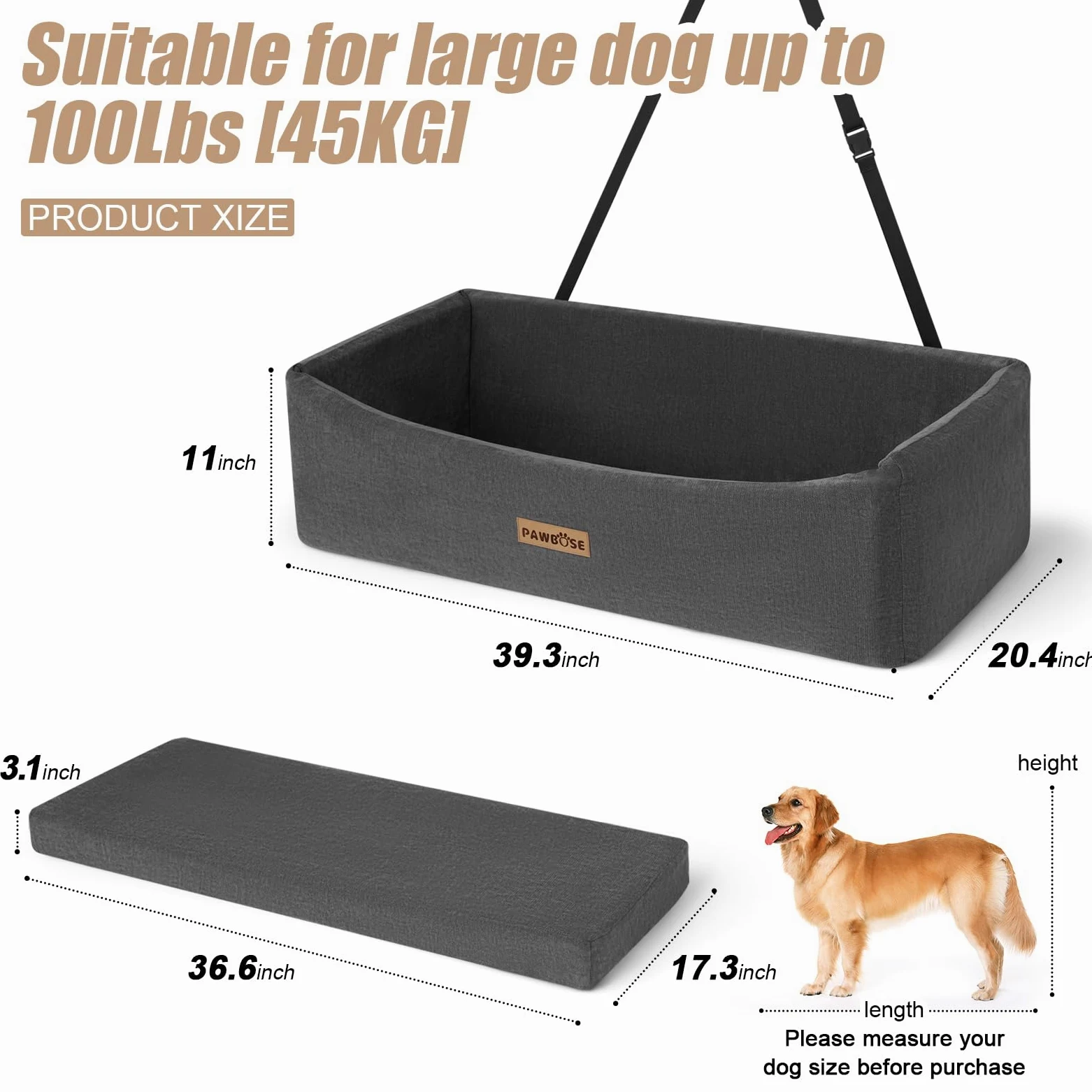 Asiento de Coche para Perros Grandes de hasta 45kg, Cama de Coche para Perros Gris con cinturón de Seguridad, Asiento de Coche Elevador Lavable para Perros