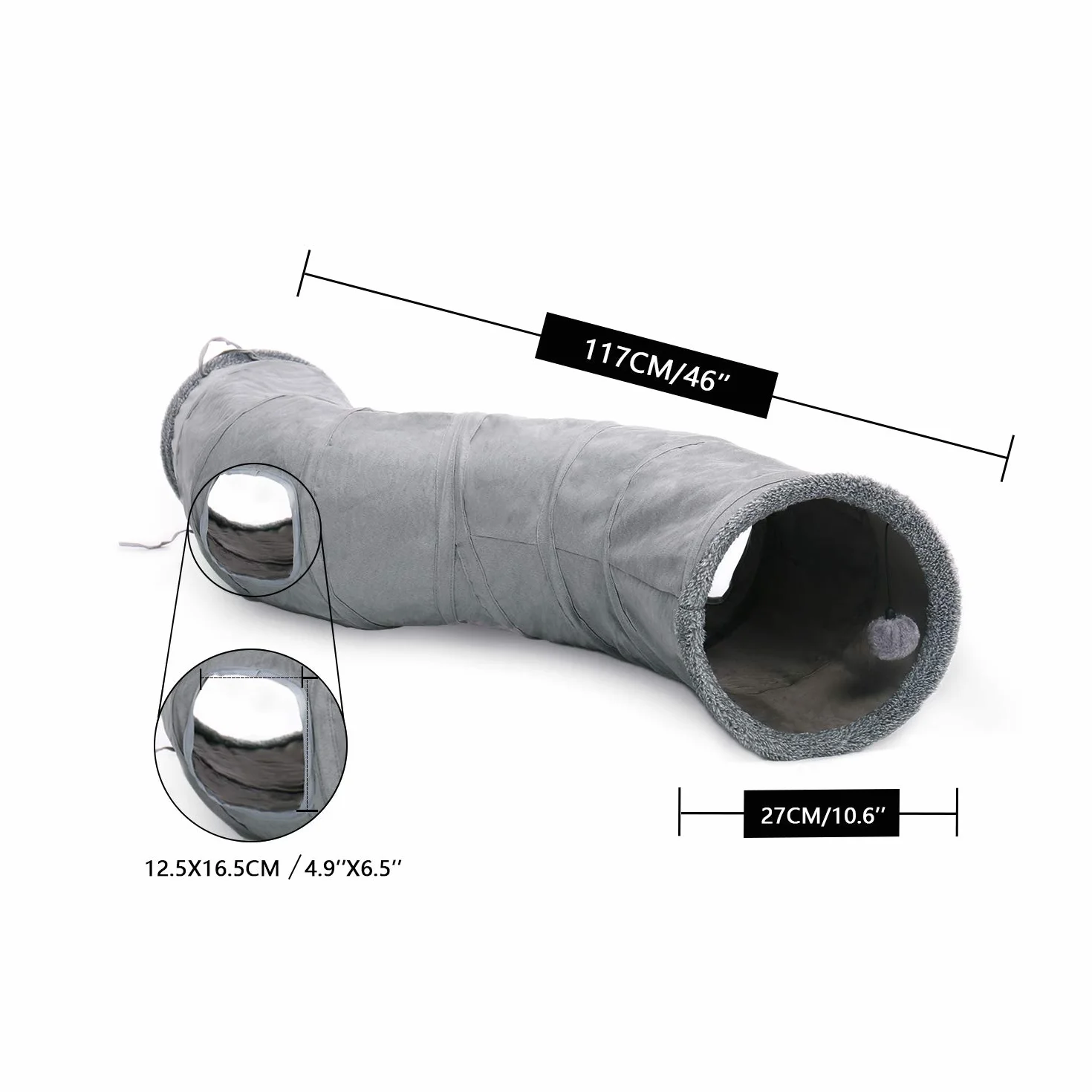 OHANA Juguete Plegable túnel de Gato en Gamuza, Gran túnel para Gato de Interior Conejos con 2 Agujeros y Bola suspendida - Forma S