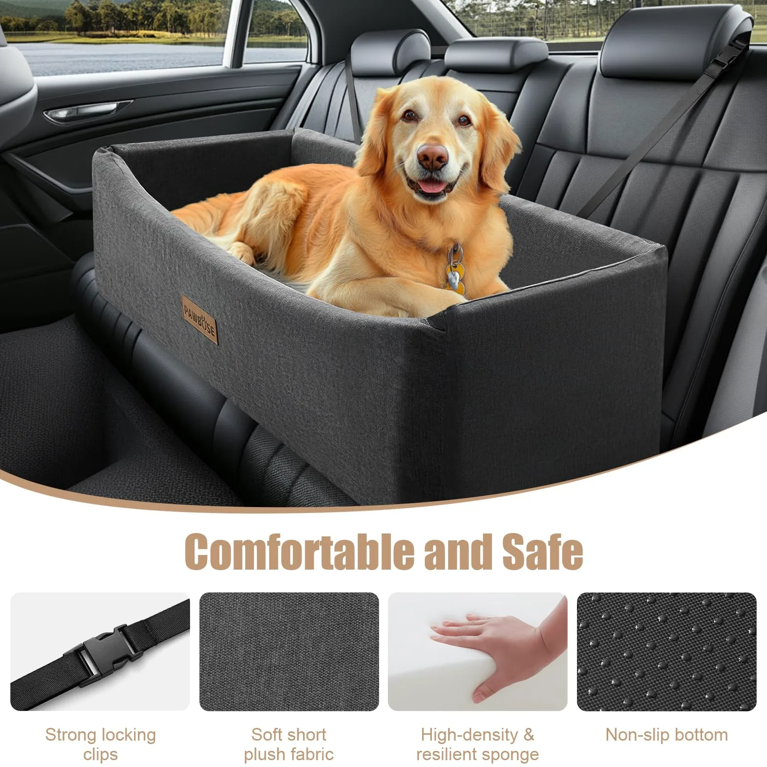 Asiento de Coche para Perros Grandes de hasta 45kg, Cama de Coche para Perros Gris con cinturón de Seguridad, Asiento de Coche Elevador Lavable para Perros