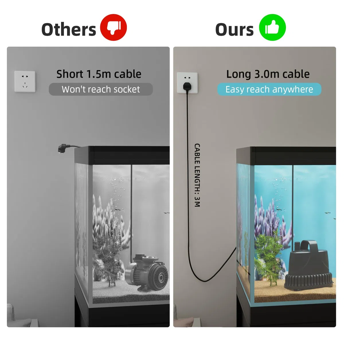 SMOOL Bomba de Agua Sumergible 3000L/H 40W, Silenciosa, Cable 3m para Acuario/Fuente/Estanque, Incluye 3 Ventosas y 3 Boquillas (19/22/25mm) (40, Vatios)