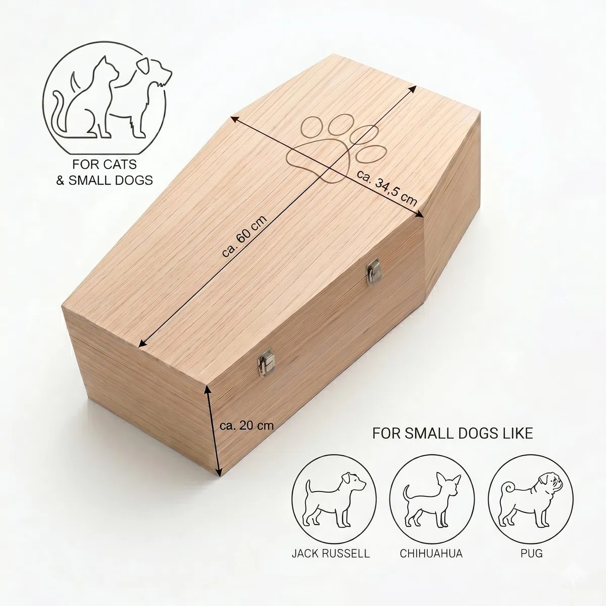 ataud de Madera con Forro Interior Satinado - tamaño XL para Mascotas Medianas - ataud para Mascotas con Cierre Fijo de Metal - Naturaleza del ataud Hecha de Madera