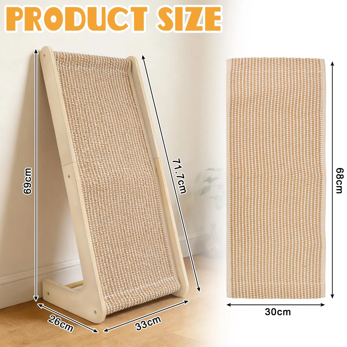 Rascador para Gatos, Rascador en Forma de L con Almohadilla de Sisal 69CM Columna Rascadora de Sisal Natural con Rampa con 1 Tapete de Sisal de Repuesto, Protector de Muebles de Pared
