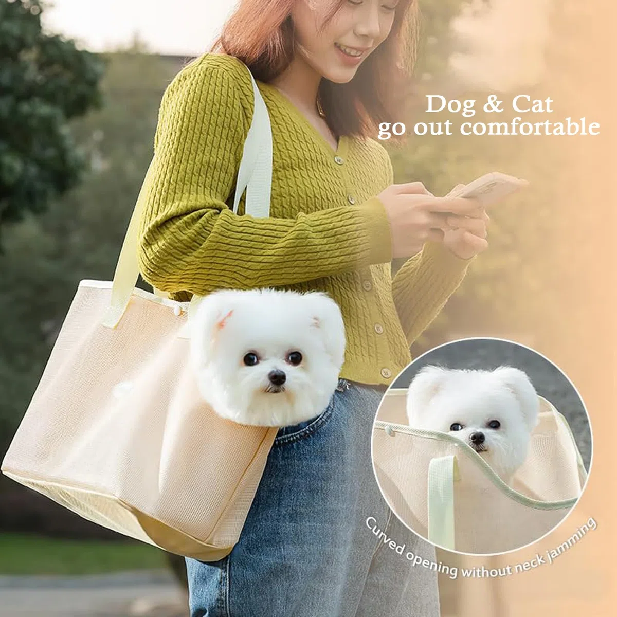 Transportín para Perro y Gato, bolsa de transporte para cachorros y gatos, bolsa de transporte de malla transpirable, ligera y cómoda para mascotas (Amarillo, Large)